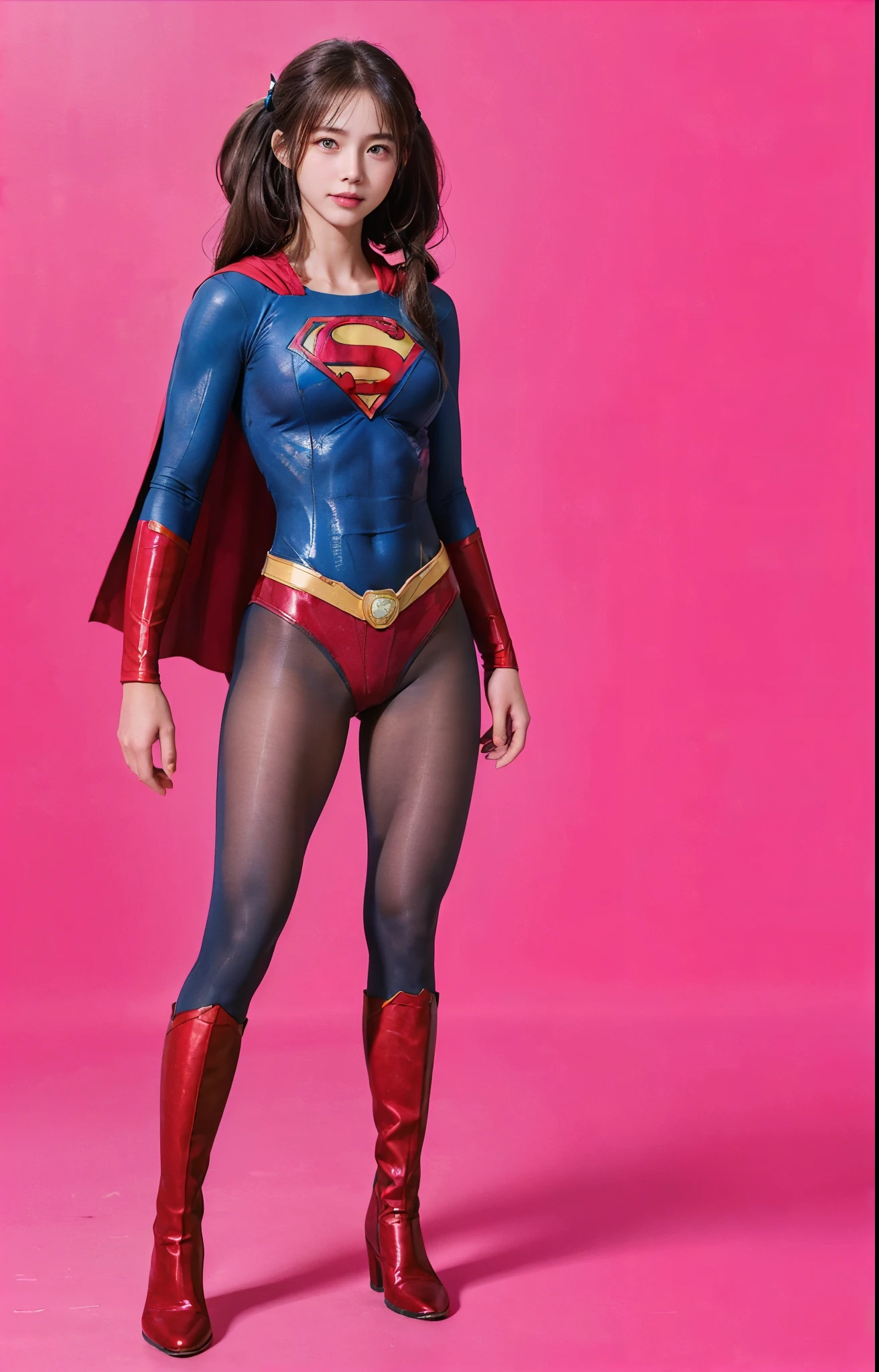 No background、(((Beautiful legs in black tights.)))、(((Legally express the beauty of your smile)))、((((Make the most of your original images)))、(((Body-hugging Supergirl costume)))、(((Supergirl Costume)))、(((Beautiful hair with twin tails)))、(((suffering)))、(((Please wear black tights....、Wear red boots)))、((Best image quality、8k))、((highest quality、8k、masterpiece:1.3))、(((Preserve background )))、Sharp focus:1.2、Beautiful woman with perfect figure:1.4、Slim Abs:1.2、Wet body:1.5、Highly detailed face and skin texture、8k