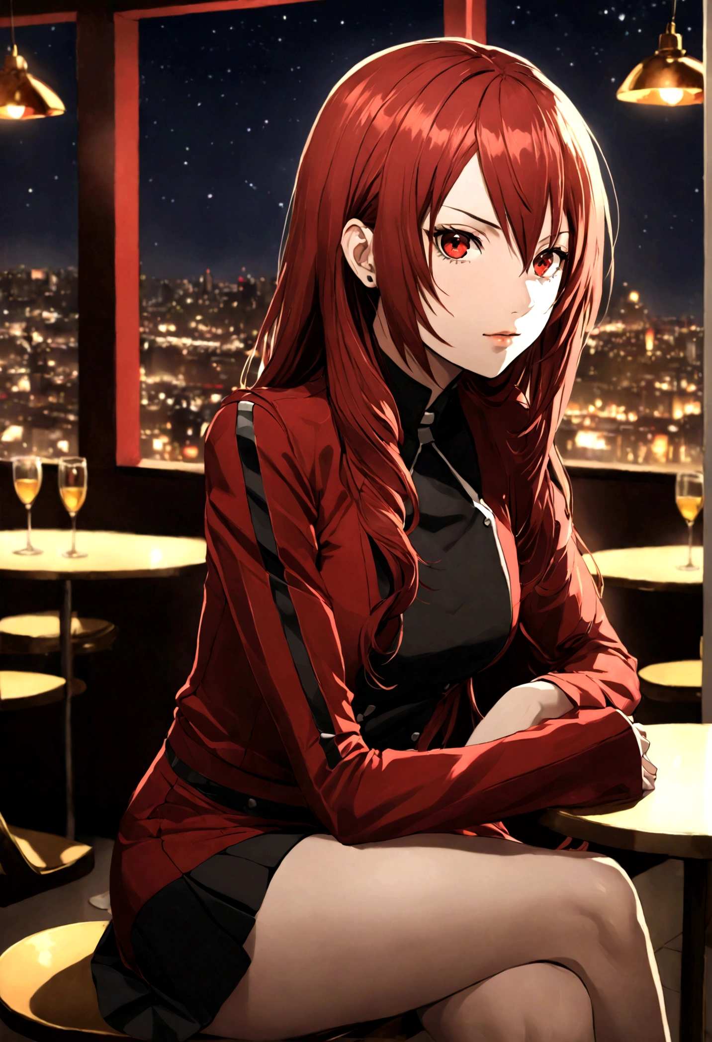 ((masterpiece, best quality)) Persona3Mitsuru, 1girl, solo, long hair, red hair, red eyes, on the restaurant, minidress, ligths in the background, sitting cross-legged, 18 years old,