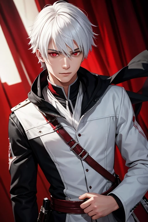 an 18 year old man with white hair and red eyes wearing an assassin&#39;s outfit, sonrisa sensual, hombre hiperrealista;cuerpo perfecto