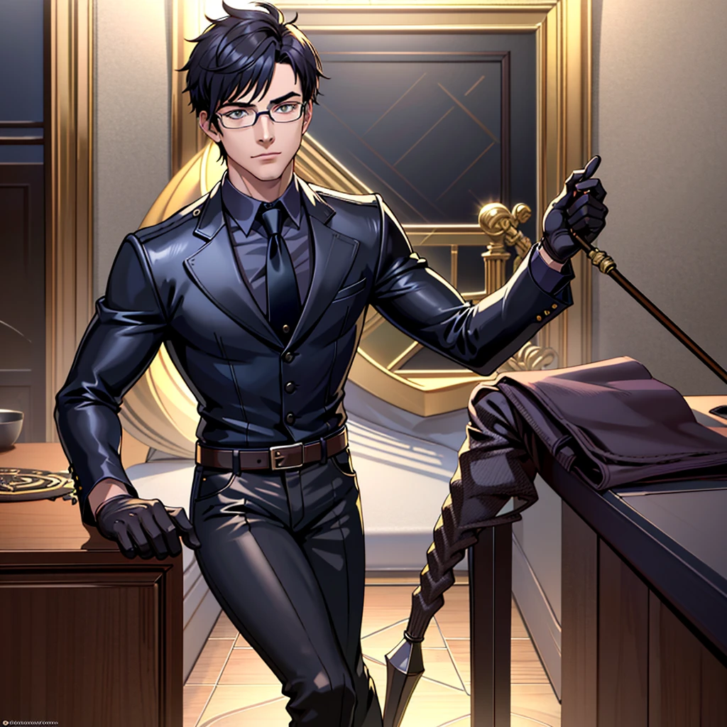 1boy, 16~20 years old, male focus, muscular male, nsfw, 3D, realistic, indoor, normal hue, central, golden ratio, sitting on the leather couch, sharp-featured body, tall, burly, highres, slender build, perfect anatomy, skin texture, thick dark buzzcut hair, see-through bangs, shallow eyebrow, symmetrical eyebrow, large bright eyes, symmetrical eyes, square gold-rimmed glasses, big straight nose, closed mouth, double-edged polearm, broad shoulders, noble attire, bdominal stretch, tight-fitting, leather collar, stand-up collared shirt, necktie, waistcoat, open thickened glossy dark leather jacket, six-pack abs, leather gloves, black trousers, leather belt, spreading long thin legs, large erect penis over 10 inches length and 3 inches width, erection, large scrotum with testicles, masturbation, high-heeled leather boots, soft smile, handsome, powerful, from front, looking ahead at viewer, day, masterpiece, best quality, hyper-detailed, intricate detail, professional photography, matte, bright, the most beautiful ever seen, post processing, dreamatic lighting, ambient lighting, epic composition, ultrawide shot, uplight, raytracing reflections, depth of field, gorgeous background 