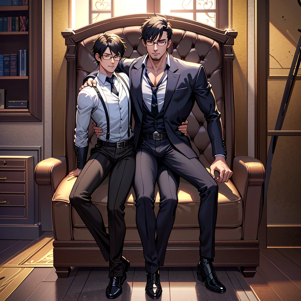 1boy, 16~20 years old, male focus, muscular male, nsfw, 3D, realistic, indoor, normal hue, central, golden ratio, sitting on the leather couch, sharp-featured body, tall, burly, highres, slender build, perfect anatomy, skin texture, thick dark buzzcut hair, see-through bangs, shallow eyebrow, symmetrical eyebrow, large bright eyes, symmetrical eyes, square gold-rimmed glasses, big straight nose, closed mouth, double-edged polearm, broad shoulders, noble attire, bdominal stretch, tight-fitting, leather collar, stand-up collared shirt, necktie, waistcoat, open thickened glossy dark leather jacket, six-pack abs, leather gloves, black trousers, leather belt, spreading long thin legs, large erect penis over 10 inches length and 3 inches width, erection, large scrotum with testicles, masturbation, high-heeled leather boots, soft smile, handsome, powerful, from front, looking ahead at viewer, day, masterpiece, best quality, hyper-detailed, intricate detail, professional photography, matte, bright, the most beautiful ever seen, post processing, dreamatic lighting, ambient lighting, epic composition, ultrawide shot, uplight, raytracing reflections, depth of field, gorgeous background