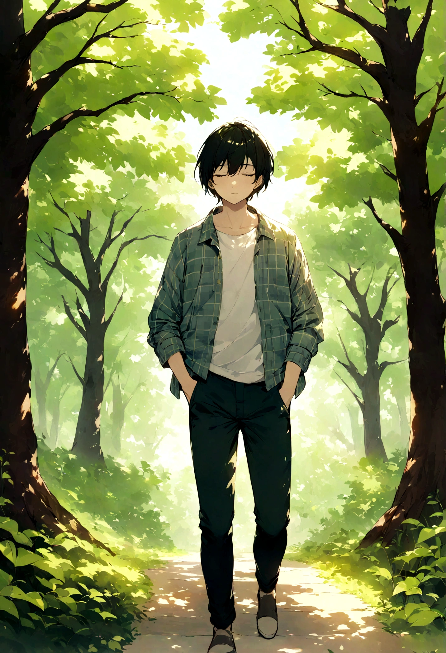Create a serene and natural digital art scene featuring a young man standing on a peaceful tree-lined path. The man is casually dressed in a plaid shirt over a white t-shirt and dark jeans, with his hands in his pockets. He stands confidently, surrounded by lush greenery and trees with budding leaves, creating a tranquil atmosphere. In the background, other people can be seen enjoying the park, adding to the relaxed and serene vibe of the scene. The overall mood is calm and reflective, capturing the beauty of nature and the simplicity of a quiet moment outdoors.