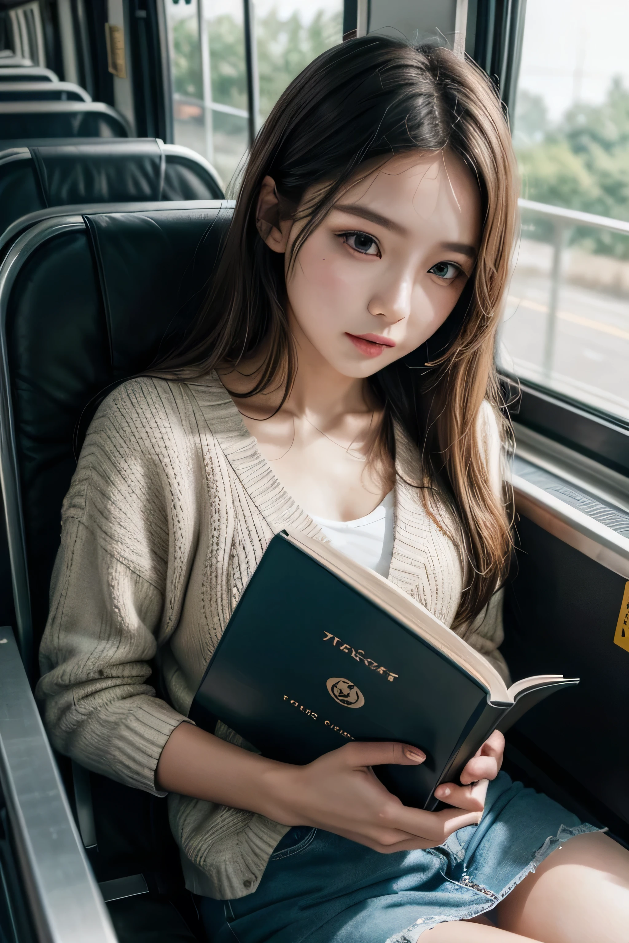 Pretty girl inside the bus reading book 