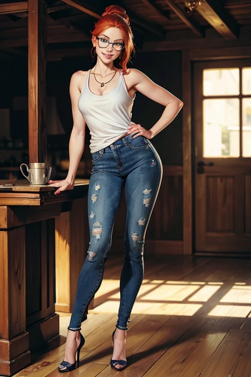 (full body:1.4),((ultra realistic illustration:1.2)), Tall, slender ((redhead)) woman of Irish descent. (pale:1.3)complexion. blue eyes, cute butt, nice legs. Kind eyes, cute ((smile:1.2)). Ponytail, (Eyeglasses), light makeup, necklace, tank top, skinny jeans, stiletto heels. Eating at casual Mexican restaurant. Masterpiece, (highly detailed:1.2),(detailed face and eyes:1.2), 8k wallpaper, natural lighting. core shadows, high contrast, bokeh.