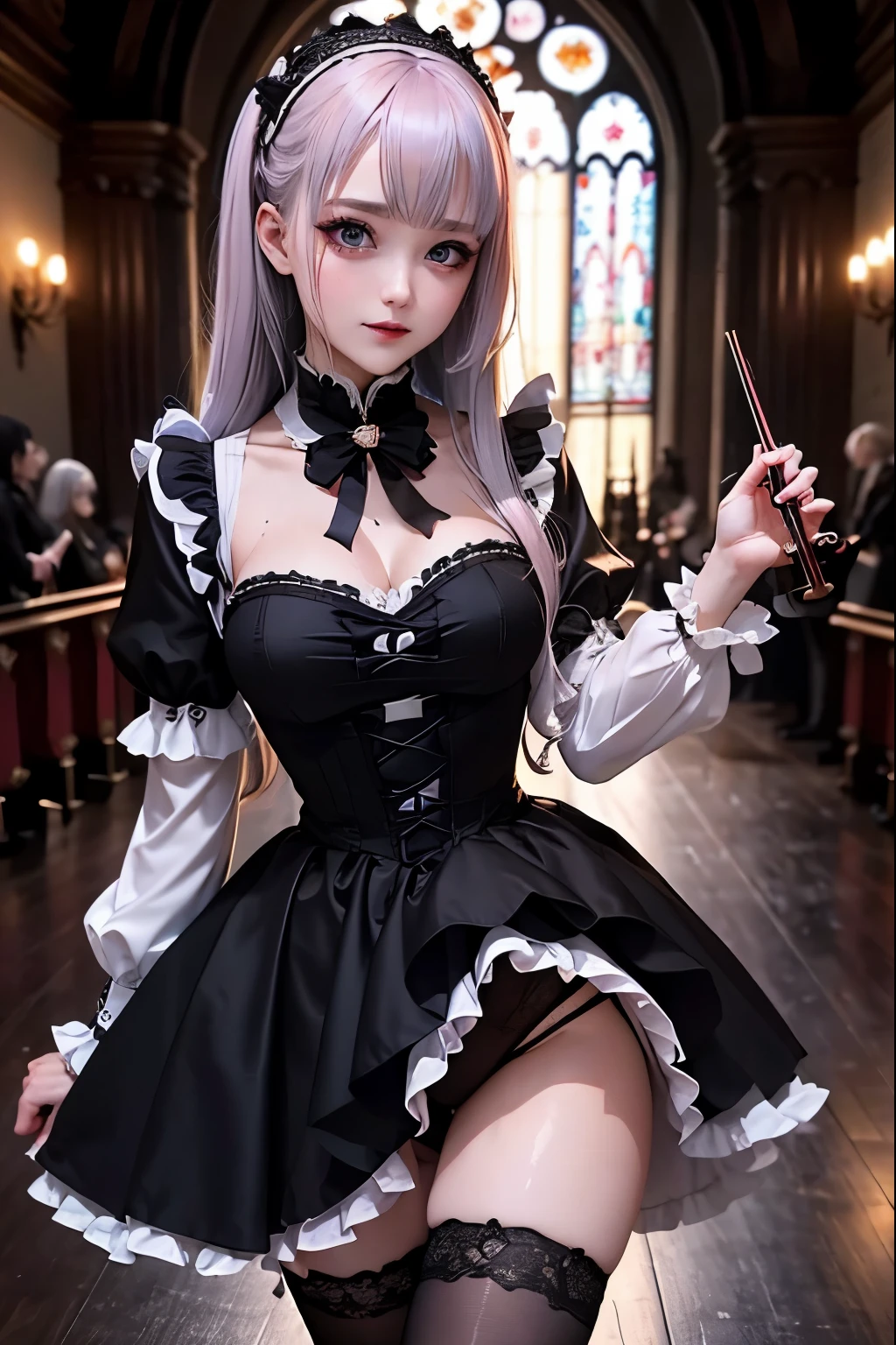 ハードDark Gothicメイク、Deep Night Sky、Horror、Black dark eyeshadow、sad、Good skin radiance、Dark Gothicメイク、Dark smile、palace、24-years-old、Embarrassed look、Dark Gothic、Obscene language、highest quality、Drunk face、紫のMaid clothes、Mysterious、Noble、sexy、Loving smile、Right blue eye, Left eye is red、Platform Heel Shoes、Heavy makeup、Gothic ta Clothing、Silver Hair、Long Hair Straight Hair、Cute Gothic Loliress、Beautiful Face、elegant features、Fascinating face、Stained glassが背景、Chest glistening with sweat、The room is dark、gothic long dress、Bell Sleeves、Wizard Sleeve、Decadent look、Sexually excited expression、Glossy thighs wet with water、Thighs that are wet and shiny with oil、Background of a room full of roses、The embroidery is pink、The dress has pink embroidery、Thigh-high socks、Knee-high socks、Gentle expression、Dark black eyeshadow、Stained glassと薔薇背景、Female Duo、Female couple、dark church background、Stained glass、Black metal world、Dark Castle、Slender body、gothic long dress、Maid clothes、Victorian dresses、Her thighs glisten with sweat、My body is wet and shiny、Lots of glitter on the thighs、My thighs are sticky from sweating、Sweat glistens on the thighs, The whole body is sweaty and shiny、Quite sweaty、My thighs are sweaty、My thighs are so wet、My thighs are shining with sweat、A lot of sweat glistens all over the body、Small breasts、Orchestra StageStage、Dynamic Angle、Play the violin gracefully、With a violin、Press the violin strings、violinist、orchestra performance、Thin thighs、slender、Violin body and strings、pantyhose、Hime cut straight hair、Are standing、