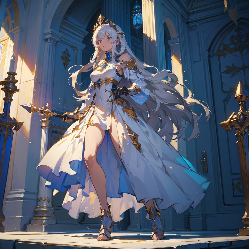 (((masterpiece, best quality, high detailed, 8k))) Design a layout showcase Gaming character, (1girl). White|Gold clothes, stylish and unique. ((showcase weapon:1.4)), holy scepter. (masterpiece:1.2), (best quality), 4k, ultra-detailed. (Step by step design, layout art:1.5), (luminous lighting, atmospheric lighting). priestess, ((glove full hands)), (((revealing clothes:1.3))), vambraces, armored legwear, (((full_body_shot:1.4))). {In a sacred temple}.