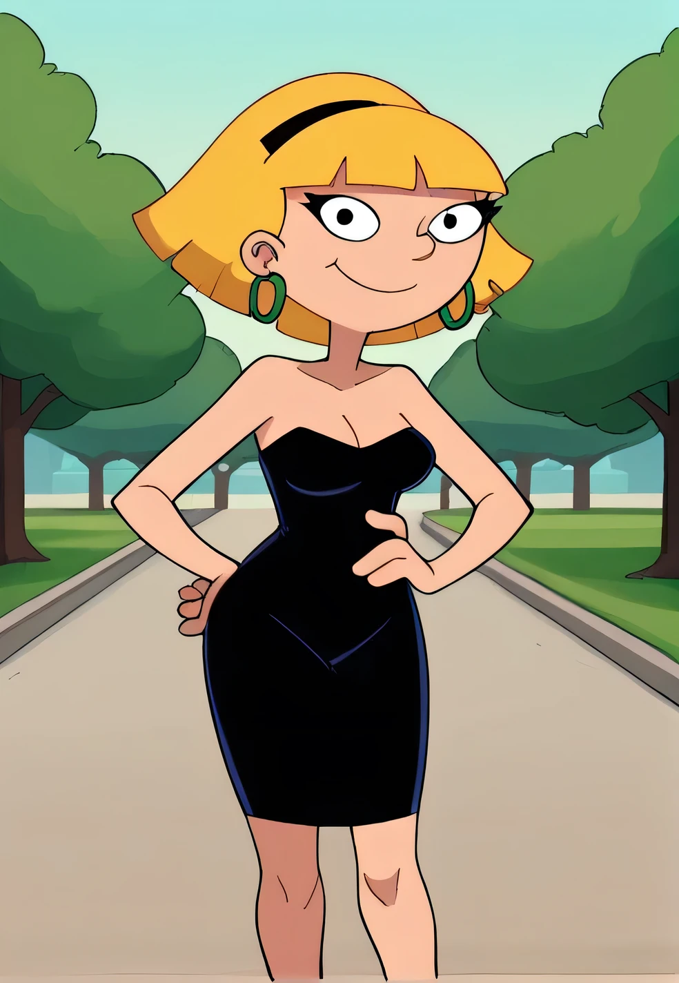 score_9_up,score_8_up,score_7_up,score_6_up,score_5_up,score_4_up BREAK olga pataki,1girl, solo, blonde hair, short hair, black hairband, hoop earrings, strapless, cleavage, a short black dress, black skin tight dress, smile, bangs, human skin, blunt bangs, upper body, looking at viewer, left hand on own hip, right arm down, outdoors, park, trees, black high heels, movie style, full body