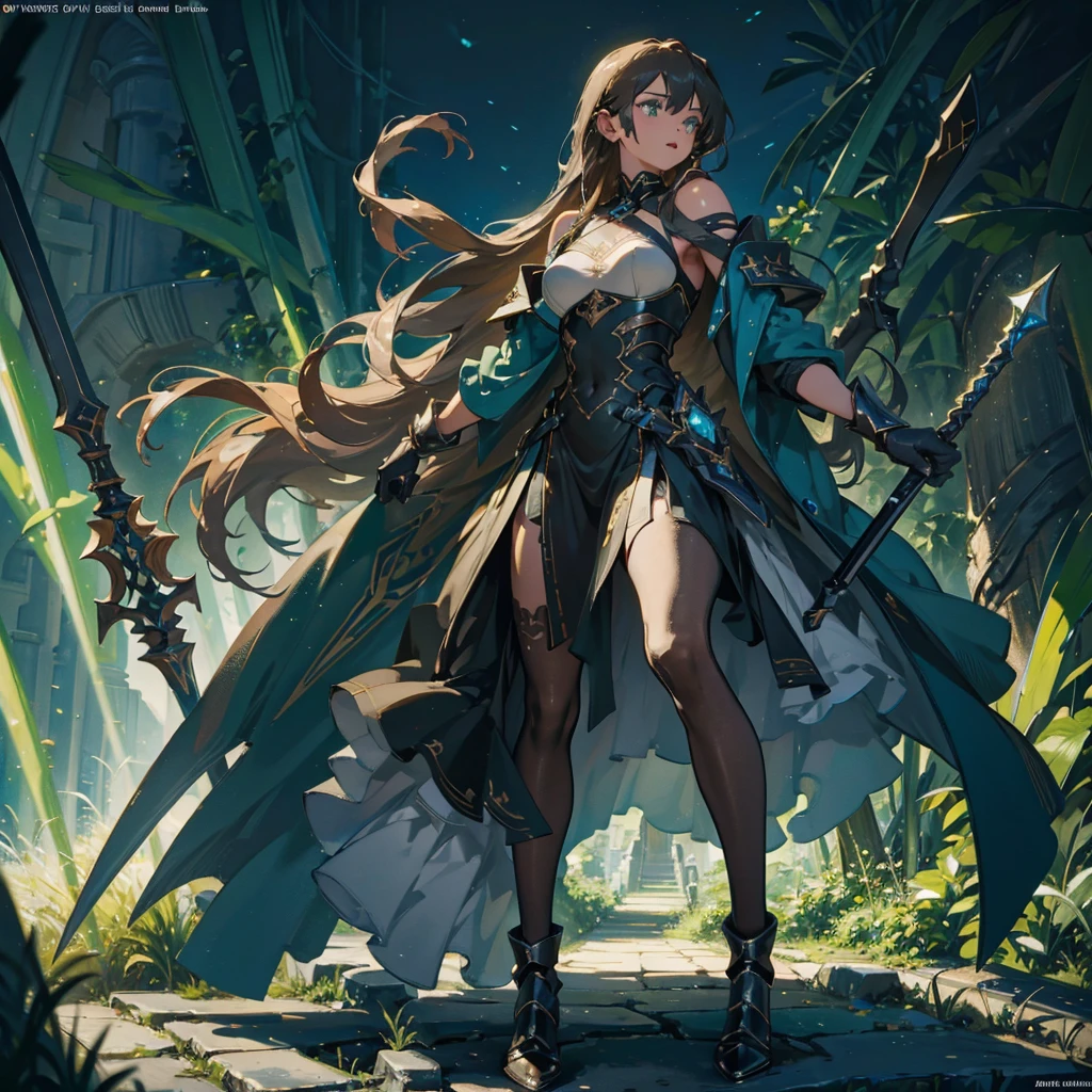 (((masterpiece, best quality, high detailed, 8k))) Design a layout showcase Gaming character, (1girl). Green|Brown clothes, stylish and unique. ((showcase weapon:1.4)), dual daggers. (masterpiece:1.2), (best quality), 4k, ultra-detailed. (Step by step design, layout art:1.5), (luminous lighting, atmospheric lighting). assassin, ((glove full hands)), (((revealing clothes:1.3))), vambraces, armored legwear, (((full_body_shot:1.4))). {In a dense jungle}.