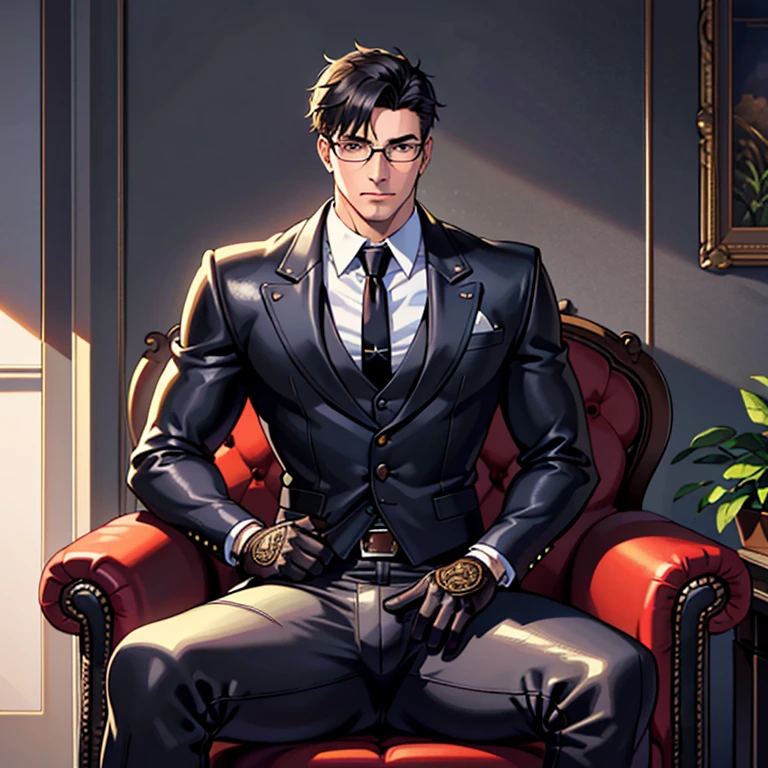 1boy, 16~20 years old, male focus, muscular male, nsfw, 3D, realistic, indoor, normal hue, central, golden ratio, sitting on the leather couch, sharp-featured body, tall, burly, highres, slender build, perfect anatomy, skin texture, thick dark buzzcut hair, see-through bangs, shallow eyebrow, symmetrical eyebrow, large bright eyes, symmetrical eyes, square gold-rimmed glasses, big straight nose, closed mouth, double-edged polearm, broad shoulders, noble attire, bdominal stretch, tight-fitting, leather collar, stand-up collared shirt, necktie, waistcoat, open thickened glossy dark leather jacket, six-pack abs, leather gloves, black trousers, leather belt, spreading long thin legs, large erect penis over 10 inches length and 3 inches width, erection, large scrotum with testicles, masturbation, high-heeled leather boots, soft smile, handsome, powerful, from front, looking ahead at viewer, day, masterpiece, best quality, hyper-detailed, intricate detail, professional photography, matte, bright, the most beautiful ever seen, post processing, dreamatic lighting, ambient lighting, epic composition, ultrawide shot, uplight, raytracing reflections, depth of field, gorgeous background