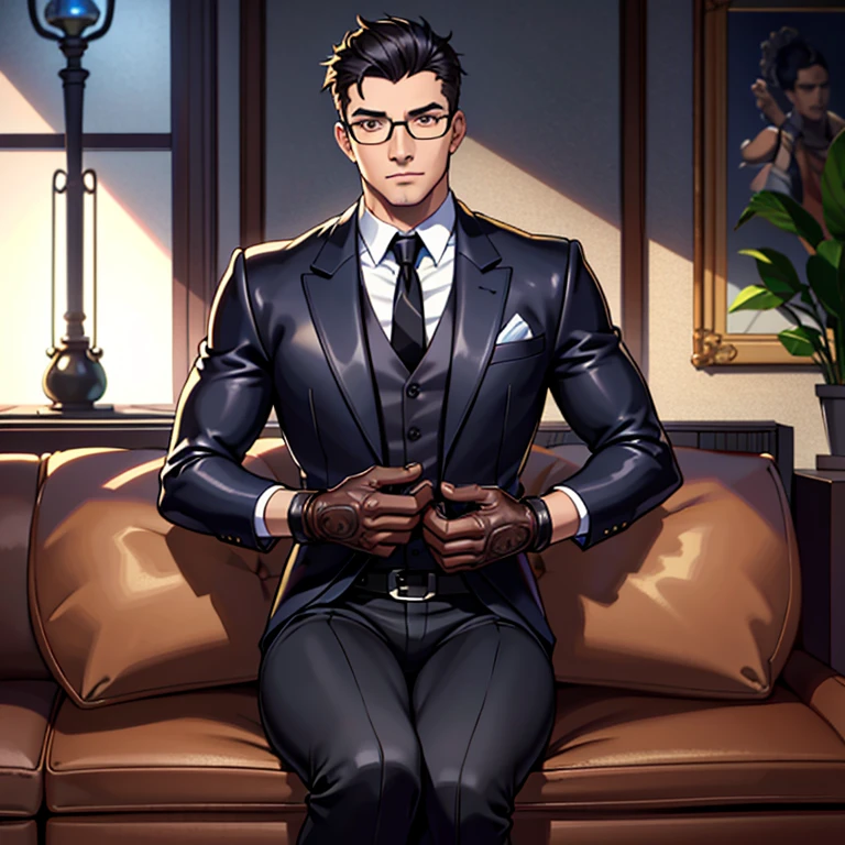 1boy, 16~20 years old, male focus, muscular male, nsfw, 3D, realistic, indoor, normal hue, central, golden ratio, sitting on the leather couch, sharp-featured body, tall, burly, highres, slender build, perfect anatomy, skin texture, thick dark buzzcut hair, see-through bangs, shallow eyebrow, symmetrical eyebrow, large bright eyes, symmetrical eyes, square gold-rimmed glasses, big straight nose, closed mouth, double-edged polearm, broad shoulders, noble attire, bdominal stretch, tight-fitting, leather collar, stand-up collared shirt, necktie, waistcoat, open thickened glossy dark leather jacket, six-pack abs, leather gloves, black trousers, leather belt, spreading long thin legs, large erect penis over 10 inches length and 3 inches width, erection, large scrotum with testicles, masturbation, high-heeled leather boots, soft smile, handsome, powerful, from front, looking ahead at viewer, day, masterpiece, best quality, hyper-detailed, intricate detail, professional photography, matte, bright, the most beautiful ever seen, post processing, dreamatic lighting, ambient lighting, epic composition, ultrawide shot, uplight, raytracing reflections, depth of field, gorgeous background