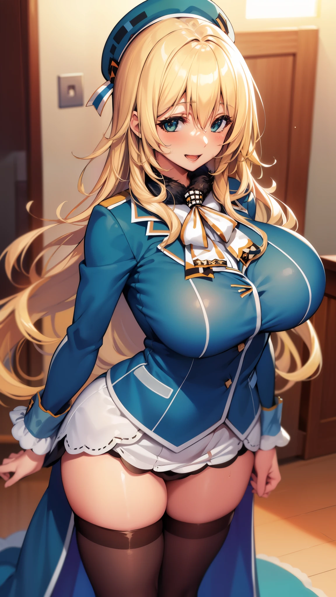 , Looking at Viewer,
blonde hair, large breasts, Smile, Open mouth, bsmile,wide hips,long hair,indoor,uniform,AtagoKC, (Atago) uniform,beret