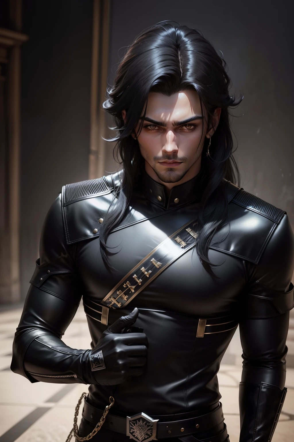 Cabelo preto ligeiramente mais longo Young handsome prince with dark eyes Metallic Black Special Forces Exterior olhos gentis Handsome prince with a gentle smile Equipado com uma espada na cintura Wear black leather gloves on your hands Ruins Estilo Gwaitz realista Precision details Motor irreal