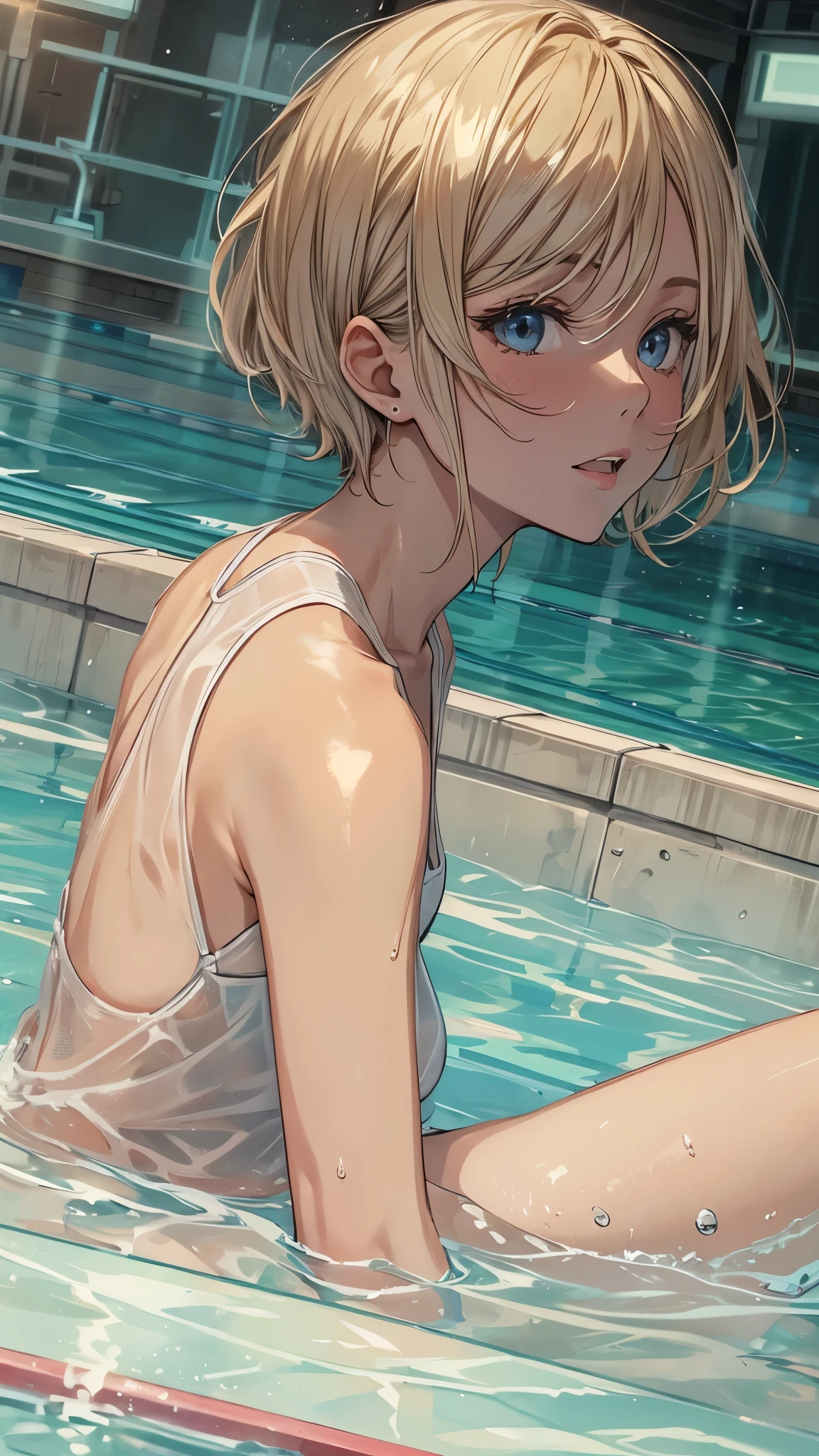 Inside the backroom’s world,Inside the closed pool rooms,outside the dark world,the pools gones forever,space,one 20years old woman,blonde short hair,sitting on the pool side,