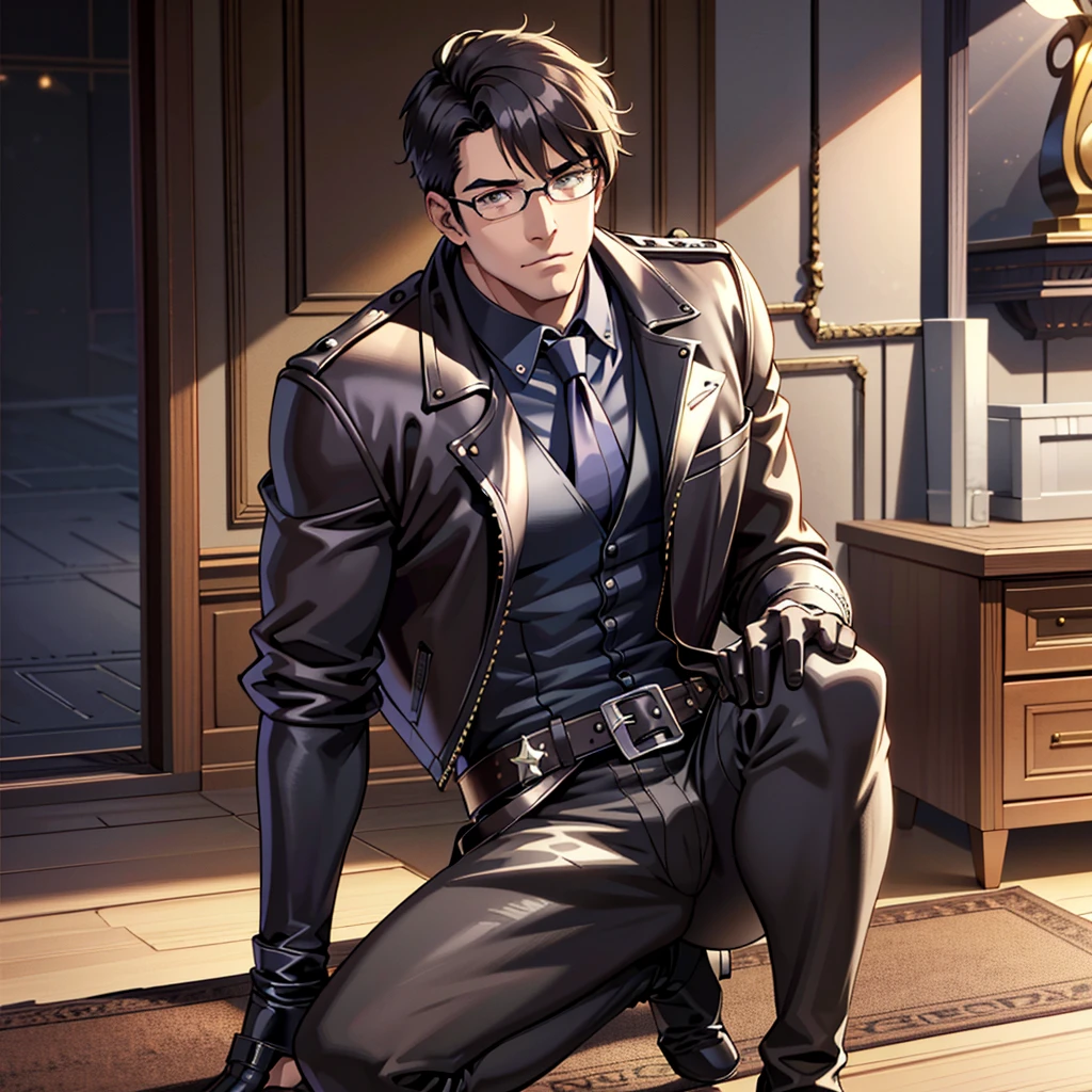 1boy, 16~20 years old, male focus, muscular male, nsfw, 3D, realistic, indoor, normal hue, central, golden ratio, sitting on the leather couch, sharp-featured body, tall, burly, highres, slender build, perfect anatomy, skin texture, thick dark buzzcut hair, see-through bangs, shallow eyebrow, symmetrical eyebrow, large bright eyes, symmetrical eyes, square gold-rimmed glasses, big straight nose, closed mouth, double-edged polearm, broad shoulders, noble attire, bdominal stretch, tight-fitting, leather collar, stand-up collared shirt, necktie, waistcoat, open thickened glossy dark leather jacket, six-pack abs, leather gloves, black trousers, leather belt, spreading long thin legs, large erect penis over 10 inches length and 3 inches width, erection, large scrotum with testicles, masturbation, high-heeled leather boots, soft smile, handsome, powerful, from front, looking ahead at viewer, day, masterpiece, best quality, hyper-detailed, intricate detail, professional photography, matte, bright, the most beautiful ever seen, post processing, dreamatic lighting, ambient lighting, epic composition, ultrawide shot, uplight, raytracing reflections, depth of field, gorgeous background