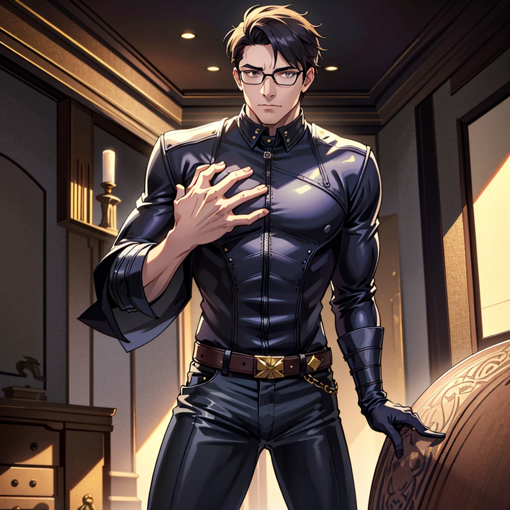 1boy, 16~20 years old, male focus, muscular male, nsfw, 3D, realistic, indoor, normal hue, central, golden ratio, sitting on the leather couch, sharp-featured body, tall, burly, highres, slender build, perfect anatomy, skin texture, thick dark buzzcut hair, see-through bangs, shallow eyebrow, symmetrical eyebrow, large bright eyes, symmetrical eyes, square gold-rimmed glasses, big straight nose, closed mouth, double-edged polearm, broad shoulders, noble attire, bdominal stretch, tight-fitting, leather collar, stand-up collared shirt, necktie, waistcoat, open thickened glossy dark leather jacket, six-pack abs, leather gloves, black trousers, leather belt, spreading long thin legs, large erect penis over 10 inches length and 3 inches width, erection, large scrotum with testicles, masturbation, high-heeled leather boots, soft smile, handsome, powerful, from front, looking ahead at viewer, day, masterpiece, best quality, hyper-detailed, intricate detail, professional photography, matte, bright, the most beautiful ever seen, post processing, dreamatic lighting, ambient lighting, epic composition, ultrawide shot, uplight, raytracing reflections, depth of field, gorgeous background 