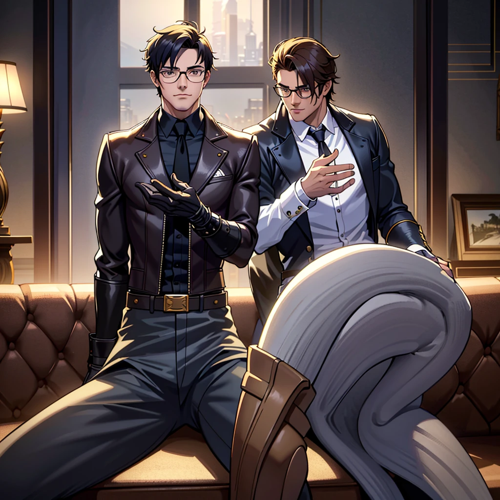 1boy, 16~20 years old, male focus, muscular male, nsfw, 3D, realistic, indoor, normal hue, central, golden ratio, sitting on the leather couch, sharp-featured body, tall, burly, highres, slender build, perfect anatomy, skin texture, thick dark buzzcut hair, see-through bangs, shallow eyebrow, symmetrical eyebrow, large bright eyes, symmetrical eyes, square gold-rimmed glasses, big straight nose, closed mouth, double-edged polearm, broad shoulders, noble attire, bdominal stretch, tight-fitting, leather collar, stand-up collared shirt, necktie, waistcoat, open thickened glossy dark leather jacket, six-pack abs, leather gloves, black trousers, leather belt, spreading long thin legs, large erect penis over 10 inches length and 3 inches width, erection, large scrotum with testicles, masturbation, high-heeled leather boots, soft smile, handsome, powerful, from front, looking ahead at viewer, day, masterpiece, best quality, hyper-detailed, intricate detail, professional photography, matte, bright, the most beautiful ever seen, post processing, dreamatic lighting, ambient lighting, epic composition, ultrawide shot, uplight, raytracing reflections, depth of field, gorgeous background