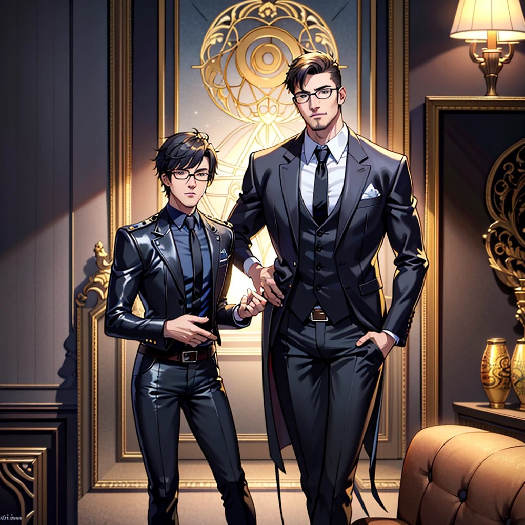1boy, 16~20 years old, male focus, muscular male, nsfw, 3D, realistic, indoor, normal hue, central, golden ratio, sitting on the leather couch, sharp-featured body, tall, burly, highres, slender build, perfect anatomy, skin texture, thick dark buzzcut hair, see-through bangs, shallow eyebrow, symmetrical eyebrow, large bright eyes, symmetrical eyes, square gold-rimmed glasses, big straight nose, closed mouth, double-edged polearm, broad shoulders, noble attire, bdominal stretch, tight-fitting, leather collar, stand-up collared shirt, necktie, waistcoat, open thickened glossy dark leather jacket, six-pack abs, leather gloves, black trousers, leather belt, spreading long thin legs, large erect penis over 10 inches length and 3 inches width, erection, large scrotum with testicles, masturbation, high-heeled leather boots, soft smile, handsome, powerful, from front, looking ahead at viewer, day, masterpiece, best quality, hyper-detailed, intricate detail, professional photography, matte, bright, the most beautiful ever seen, post processing, dreamatic lighting, ambient lighting, epic composition, ultrawide shot, uplight, raytracing reflections, depth of field, gorgeous background