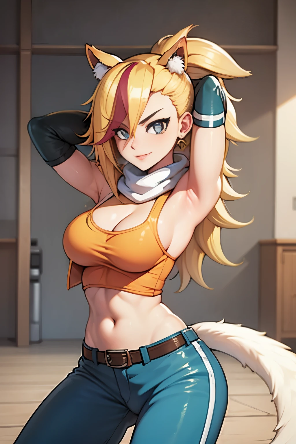 solo, front view portrait, best quality, portrait, solo, adult, cowboyshot, perfect anatomy, 1girl, perfect face, expressive eyes, perfect eyes, (masterpiece, best quality:1.2), leone, smile, arms behind head, blonde hair, cat ears, strapless, detached sleeves, scarf, belt, tail, midriff, large breasts, hands behind head, sarcastic, friendly, snarky, toned, muscular, athletic, dynamic pose, perfect face, belt, wind, windy hair, moving hair, moving clothes, flowing, messy hair, very long hair, closed mouth, hand to hip,