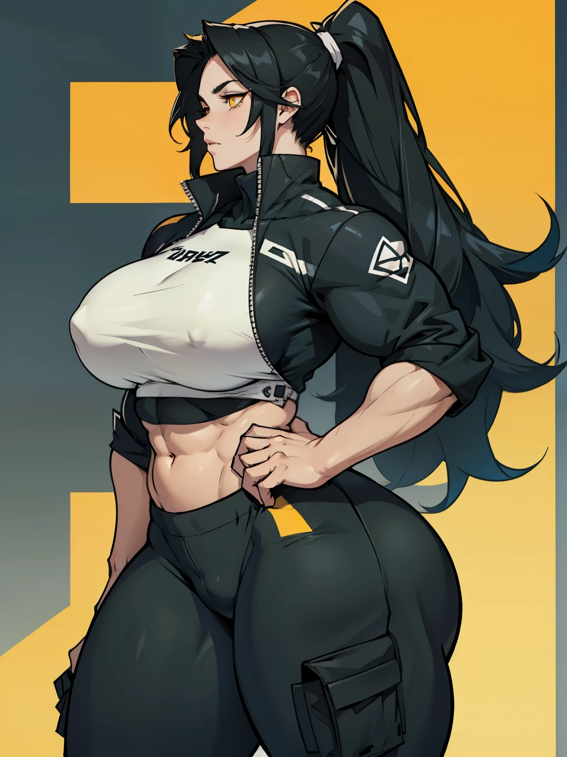 a girl ((muscular)) huge breasts thick thick thick thick very long hair pale skin black hair yellow eyes disappointed long ponytail