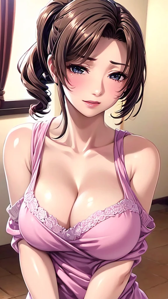 (masterpiece:1.3), (8K, Photorealsitic, Raw photography, Top image quality: 1.4), Japan high school girls、(Random hairstyles:1.2)、cleavage of the breast:1.2、Super Detail Face、Eye of Detail、double eyelid、Bring your chest together、sharp focus:1.2、prety woman:1.4、light brown hair、top-quality、masterpiece、超A high resolution、(Photorealsitic:1.4)、Highly detailed and professional lighting smile、Loose and light knitwear、Shoulder out、slender、serious facial expression、short-haired、Fatal position