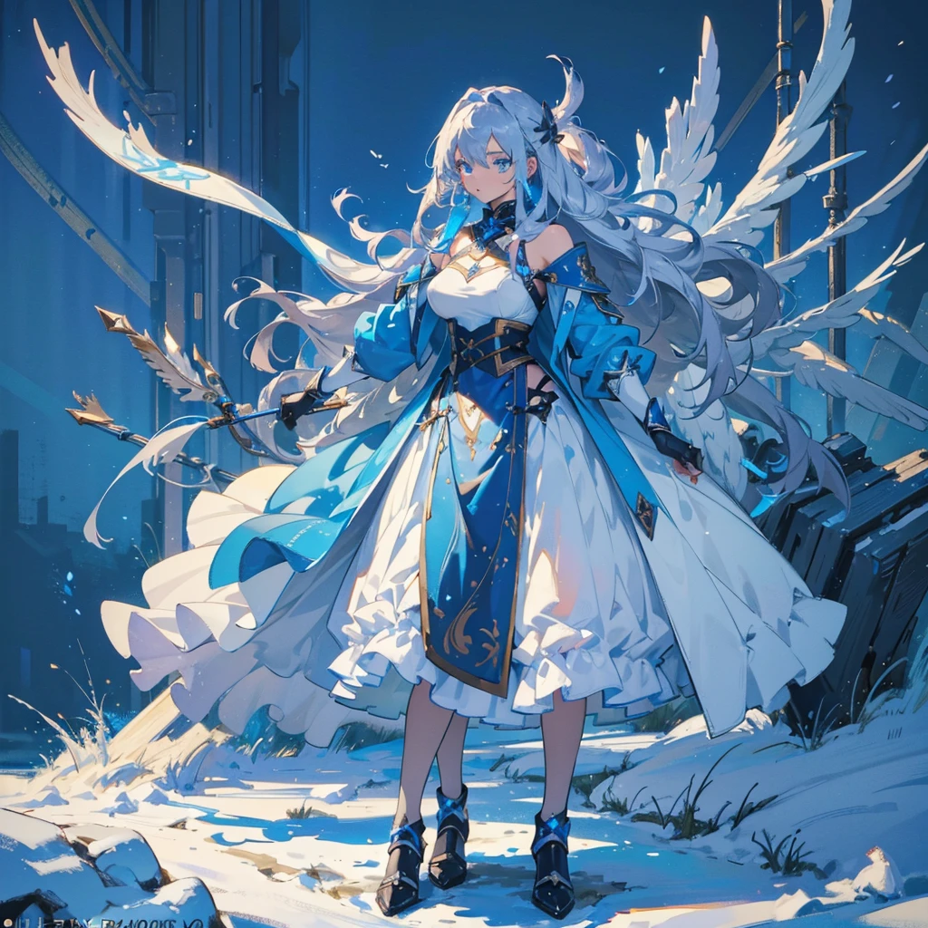 (((masterpiece, best quality, high detailed, 8k))) Design a layout showcase Gaming character, (1girl). Blue|Silver clothes, stylish and unique. ((showcase weapon:1.4)), bow and arrows. (masterpiece:1.2), (best quality), 4k, ultra-detailed. (Step by step design, layout art:1.5), (luminous lighting, atmospheric lighting). archer, ((glove full hands)), (((revealing clothes:1.3))), vambraces, armored legwear, (((full_body_shot:1.4))). {On a snowy mountain}.
