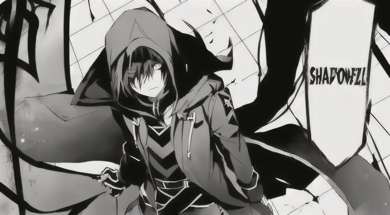 anime, a girl in a hooded jacket and a hoodie stands in front of a graffiti covered wall, kirito, an edgy teen assassin, dark hooded wraith, the reaper as a scary, cloaked, young shadow mage male, dark cloaked necromancer, black and white manga style, wearing dark cloak, ominous assassin, gapmoe yandere grimdark