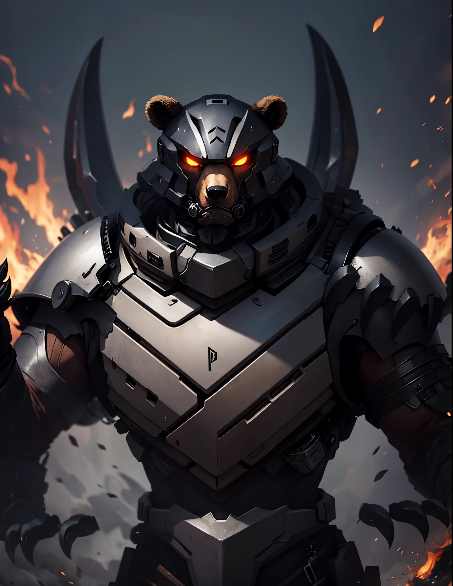Bear, brown fur, black horns on both shoulders, black claws on both hands, black visor on head, black fangs, high quality, mechanical background,