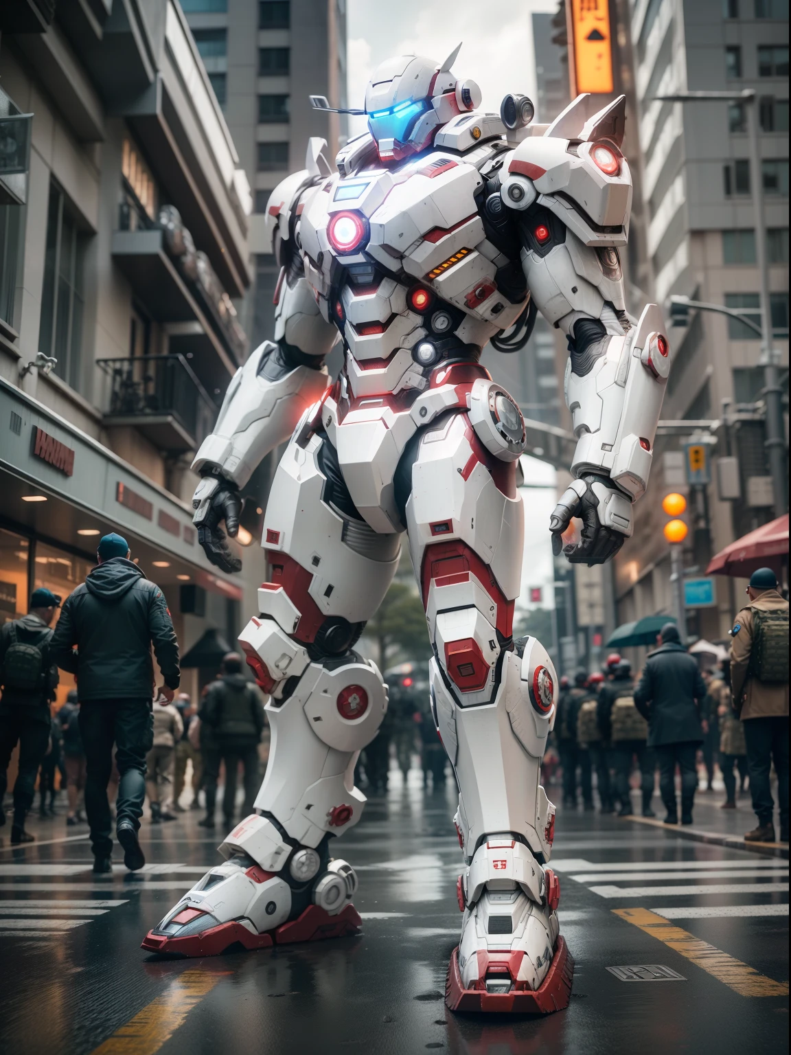 Pacific Rim, Kaiju Invasion Alert, like marvels ironman with white armor, Mobilized Global Defense Forces, tecnologia futurista, estilo fotorrealista, capturado com uma Fujifilm X-T20 e uma lente de 35mm, bright emergency lights, ambiente da base militar.