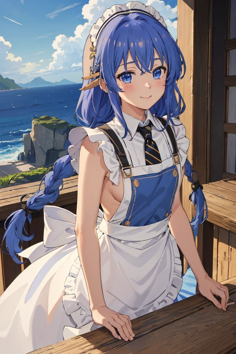 (masterpiece, best quality), music, 1 girl, solitary, Smile, blush, Double braid, long hair, Blue Hair, garlic,  blue eyes, ((apron)), ((nude)), 裸apron，Small Breasts, Upper Body, Everlasting,  looking at the audience, ocean滩, ocean,