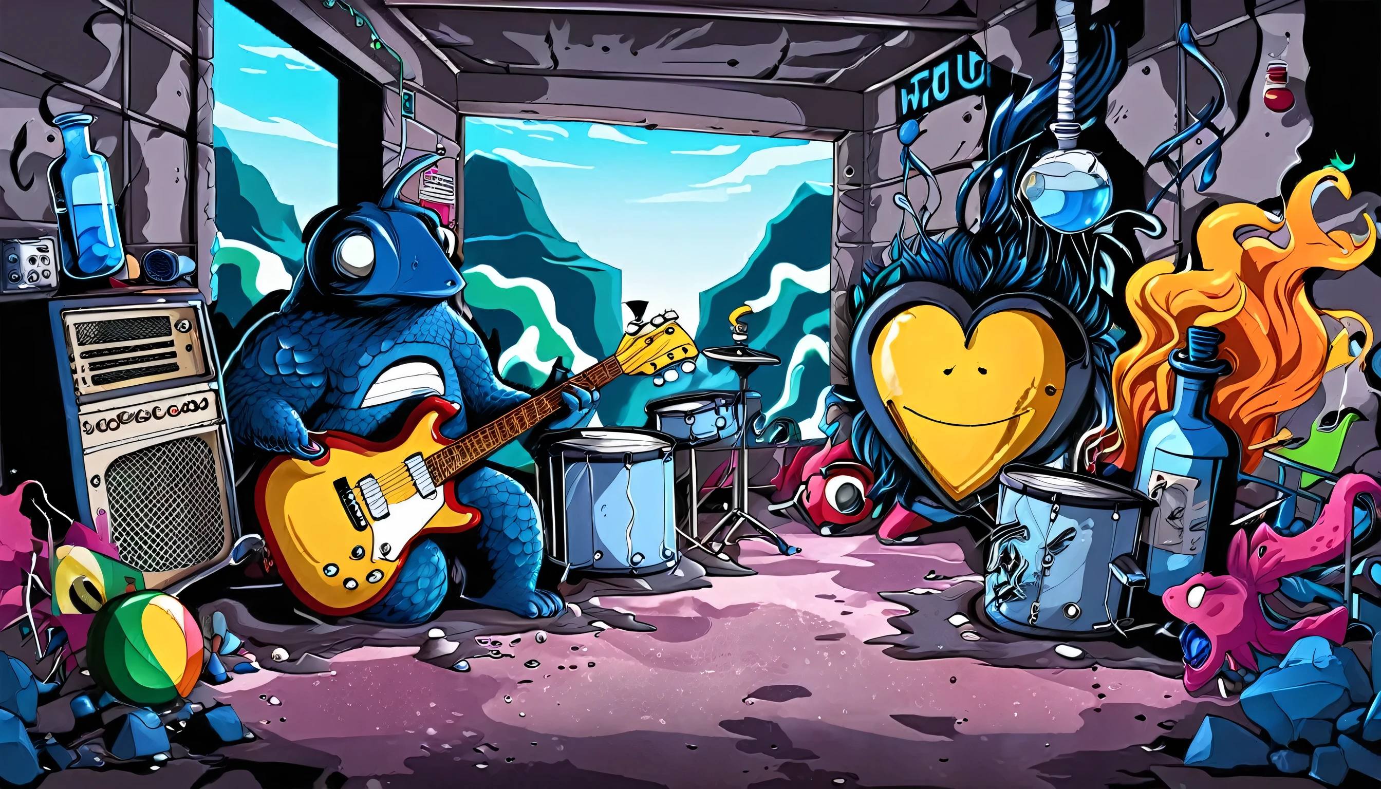 Guitars and drums in a small science lab, complete with speakers and glass flasks of chemistry, embody the resilience and tenacity of the scientific community, infused with a bold graphic allure that enlivens the spirit of science. The design penetrates layers of depth, integrating the raw essence and vibrant cores of Brazilian culture. Brushstrokes that incorporate the fluid energy of graffiti on guitars and acoustic guitars weave around dynamic geometric shapes, adorning the laboratories with an evocative masterpiece that speaks to the heart of the intersection between two diverse worlds. Majestically rendered in high definition and vibrant color, every detail bursts with life, inviting viewers to marvel at the beauty that