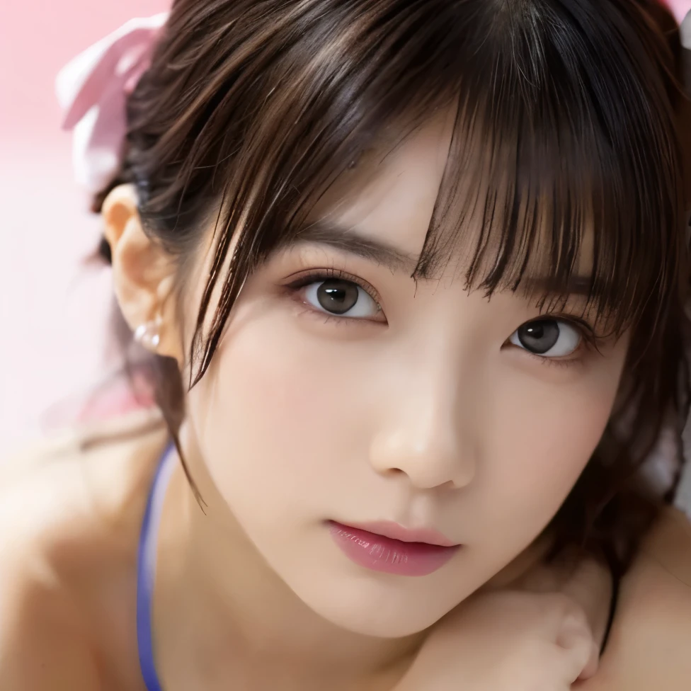 Tabletop:1.3、1 girl, ((Wearing pink make-up:1.4))、Lighting on face:1.5、(Wearing a strapless micro bikini:1.5), Very beautiful Japanese idol portraits, looking at the camera、
(RAW Photos, highest quality), (Realistic, Realistic:1.4), (masterpiece), 
Very delicate and beautiful, Very detailed, 2k wallpaper, wonderful, finely, Very detailed CG Unity 8K 壁紙, Very detailed, High resolution, Soft Light, 
Beautiful detailed girl, Very detailed目と顔, Beautiful and sophisticated nose, Big beautiful eyes, Cinema Lighting, 
(Simple light color background:1.3),
(Blonde medium hair), (Parted bangs), 
Complete Anatomy, Slender body,Small breasts, Sensual look