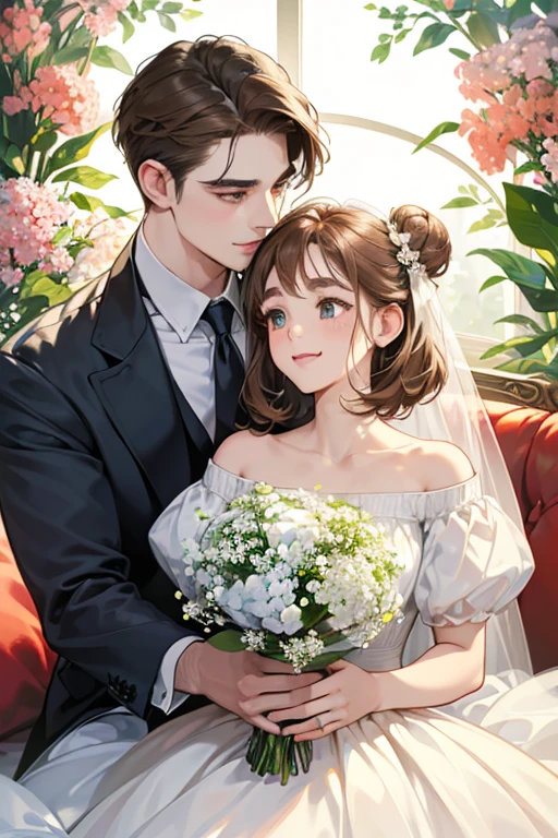 (table top, digital art, digital illustration, 4K, 8K, super detailed, beautiful images, clear image, realistic, RAW photo, perfect face, perfect lines, perfect eyes, soft lighting) 1 female, (light brown hair,bun hair,innocent look,droopy eyebrows,drooling eyes,With a round face,Round jaws、innocence,cute,Big eyes,natural makeup,smile gently,E cup,23 year old female:1.3),Two handsome men in suits, (human,Men in suits,muscular,Firm shoulder width, mannish hairstyle,A man in his 30s with a cool expression,28-year-old man with bright smile:1.2),A garden full of light、lots of flowers、squirt、colorful flowers、(embarrassing,shy smile,bouquet of gypsophila:1.2),Antique sofa,Resort Sofa,the kiss、kiss、couple、couplekiss、romance、Wedding dress、wedding style、Promised kiss