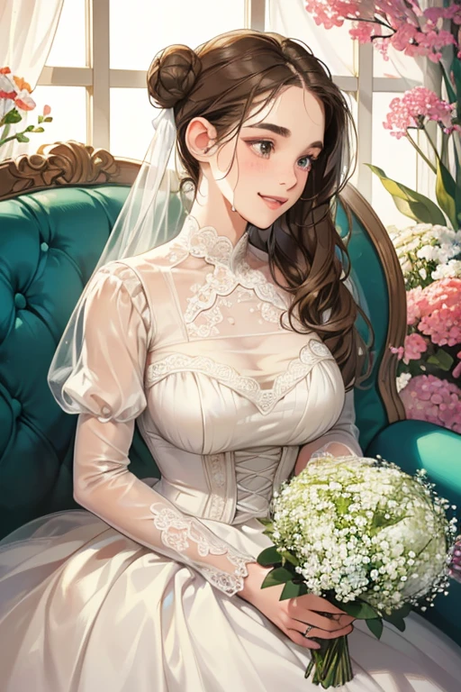 (table top, digital art, digital illustration, 4K, 8K, super detailed, beautiful images, clear image, realistic, RAW photo, perfect face, perfect lines, perfect eyes, soft lighting) 1 female, (light brown hair,bun hair,innocent look,droopy eyebrows,drooling eyes,With a round face,Round jaws、innocence,cute,Big eyes,natural makeup,smile gently,E cup,23 year old female:1.3),Two handsome men in suits, (human,Men in suits,muscular,Firm shoulder width, mannish hairstyle,A man in his 30s with a cool expression,28-year-old man with bright smile:1.2),A garden full of light、lots of flowers、squirt、colorful flowers、(embarrassing,shy smile,bouquet of gypsophila:1.2),Antique sofa,Resort Sofa,the kiss、kiss、couple、couplekiss、romance、Wedding dress、wedding style、Promised kiss