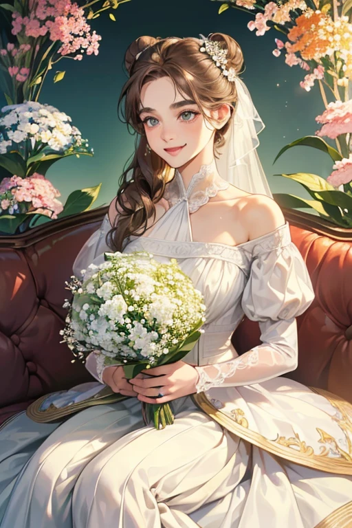 (table top, digital art, digital illustration, 4K, 8K, super detailed, beautiful images, clear image, realistic, RAW photo, perfect face, perfect lines, perfect eyes, soft lighting) 1 female, (light brown hair,bun hair,innocent look,droopy eyebrows,drooling eyes,With a round face,Round jaws、innocence,cute,Big eyes,natural makeup,smile gently,E cup,23 year old female:1.3),Two handsome men in suits, (human,Men in suits,muscular,Firm shoulder width, mannish hairstyle,A man in his 30s with a cool expression,28-year-old man with bright smile:1.2),A garden full of light、lots of flowers、squirt、colorful flowers、(embarrassing,shy smile,bouquet of gypsophila:1.2),Antique sofa,Resort Sofa,the kiss、kiss、couple、couplekiss、romance、Wedding dress、wedding style、Promised kiss