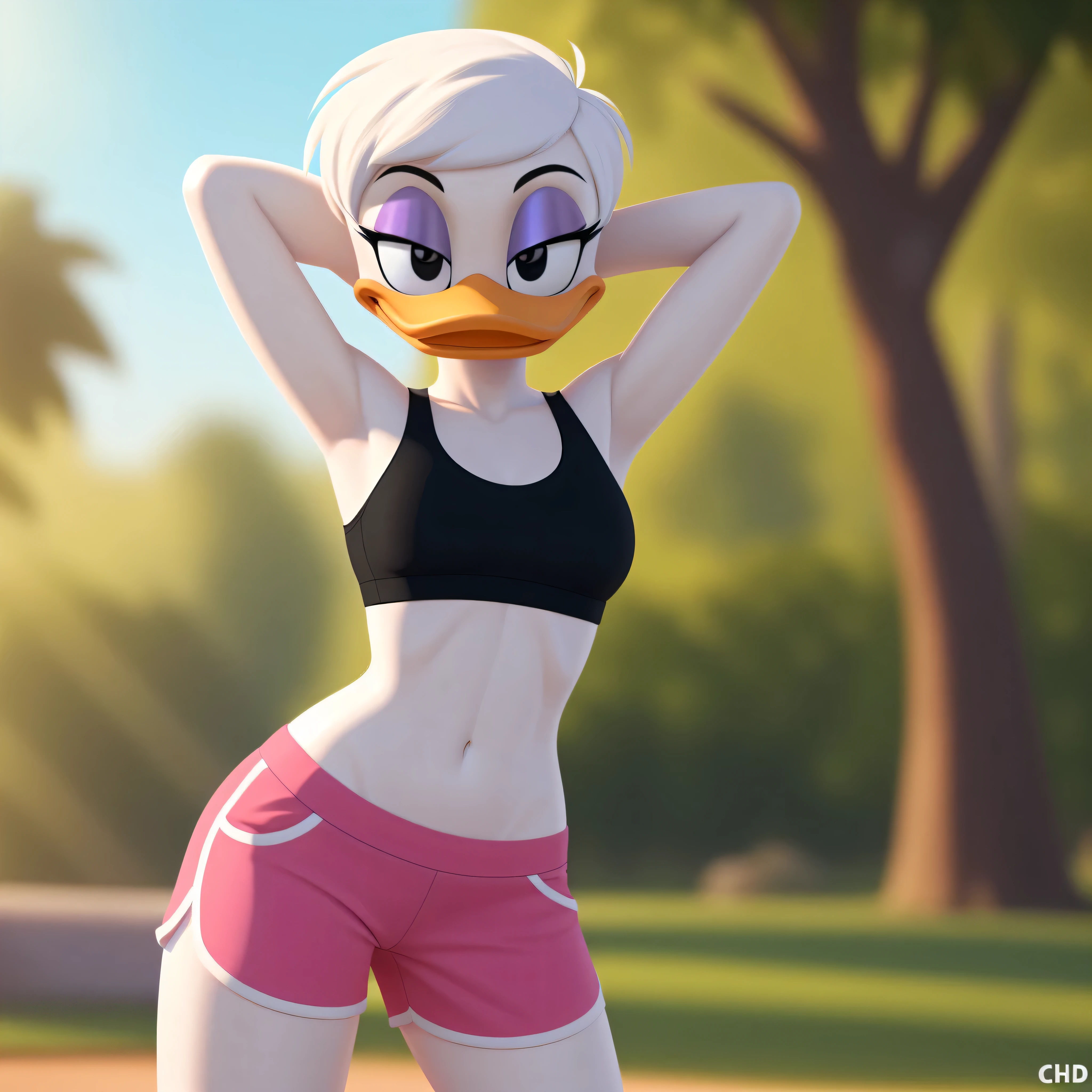 photorealism, female daisy duck, detailed background, outside, orange legs: 1.2, eyeshadow, white hair, hairstyle, flat chested wear sports bra, pink shorts, hands behind head, simple black eyes, detailed, intricate, 8k hd, highest quality, (detailed white skin:1.3), (looking at the viewer), (soft cinematic light:1.1), (showing her torso),