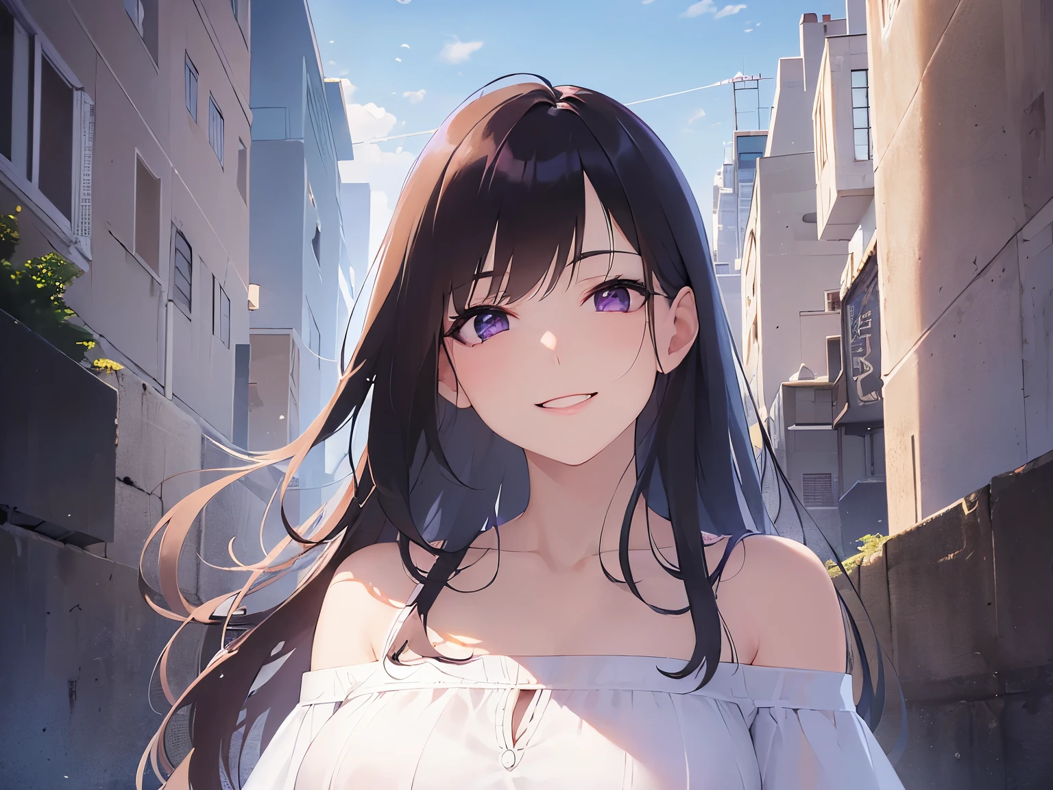 Detailed CG, Ultra-fine illustrations,masterpiece,highest quality, RAW Photos, Realistic,Upper Body,BREAK(White Off Shoulder Blouse:1.5)BREAK, (Pale skin:1.2), Shiny skin, Shiny Hair、(A 26-year-old woman with straight hair and bangs)and(Medium Hair)and(Black Hair)and(Purple eyes) ,(Upturned eyes:1.5)and(smile:1.5)and(Open your mouth),hand on own chest,Biologically correct５refer to,The background is the city,alone
