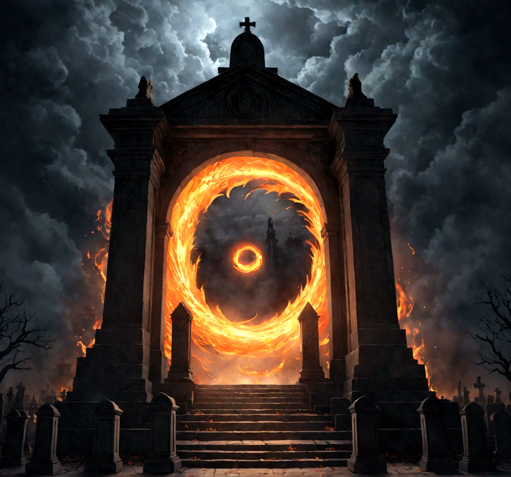 A photorealistic image of a swirling, fiery portal opening up in the middle of a dark, foggy graveyard at night.