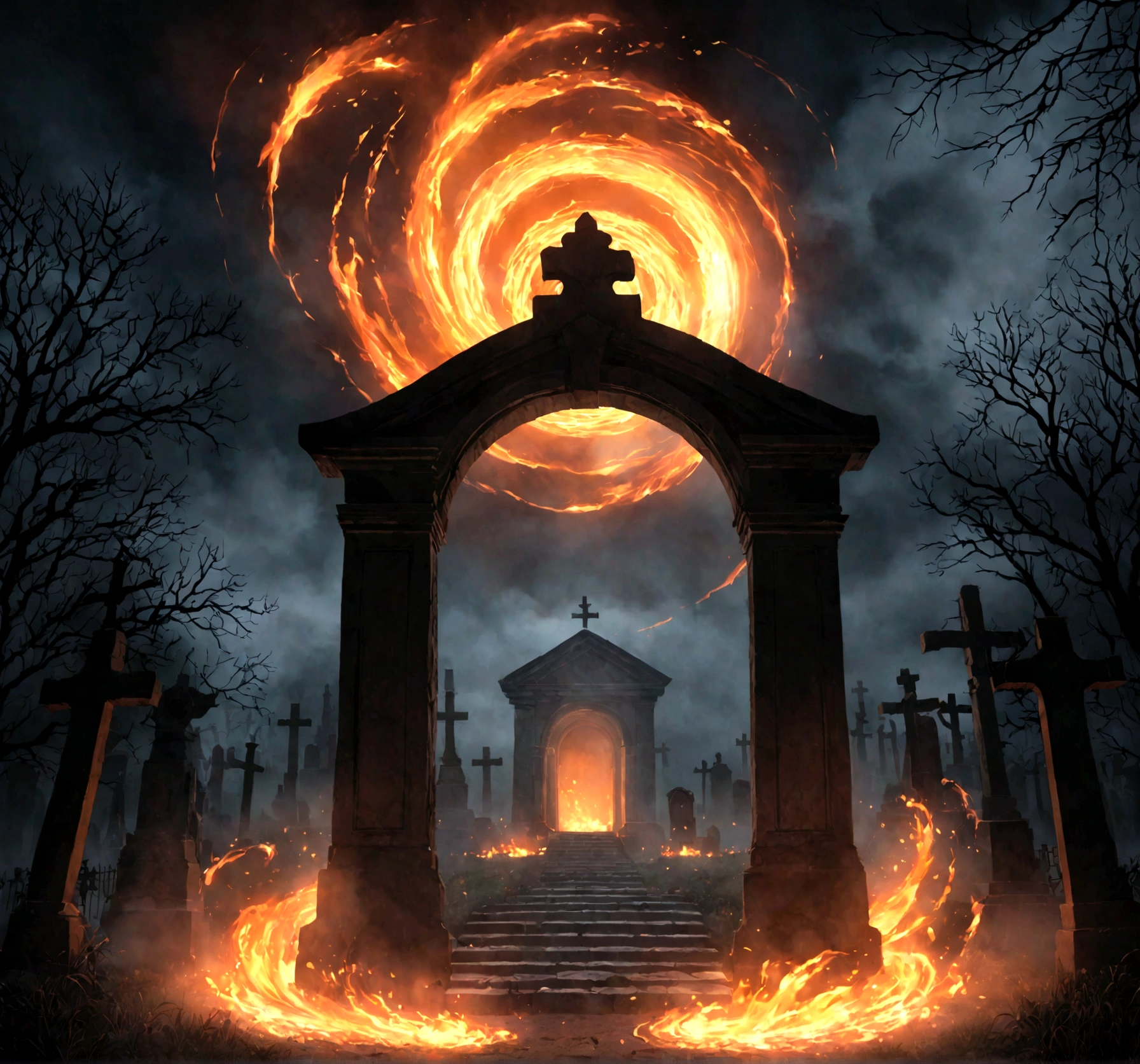 A photorealistic image of a swirling, fiery portal opening up in the middle of a dark, foggy graveyard at night.