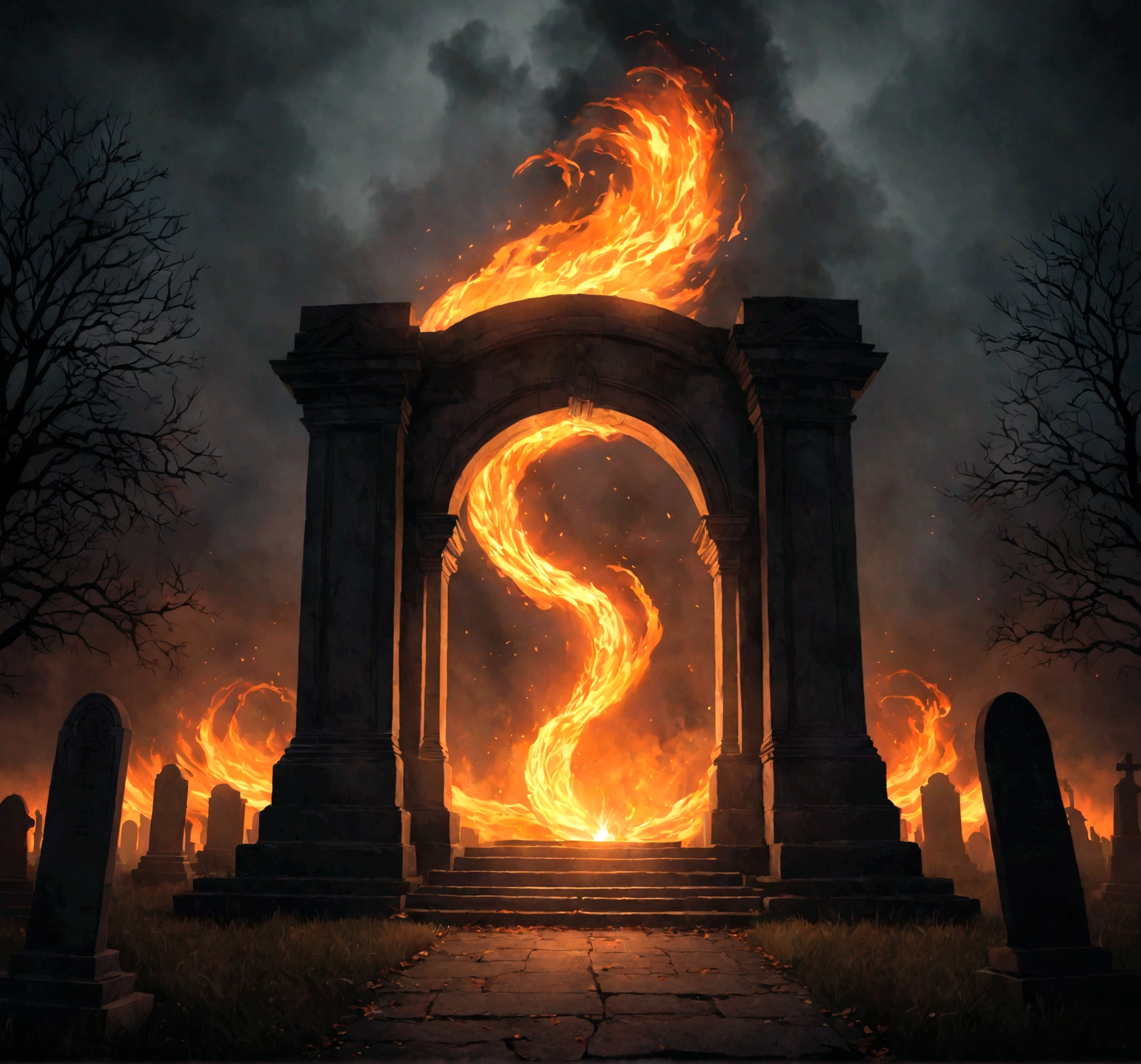 A photorealistic image of a swirling, fiery portal opening up in the middle of a dark, foggy graveyard at night.