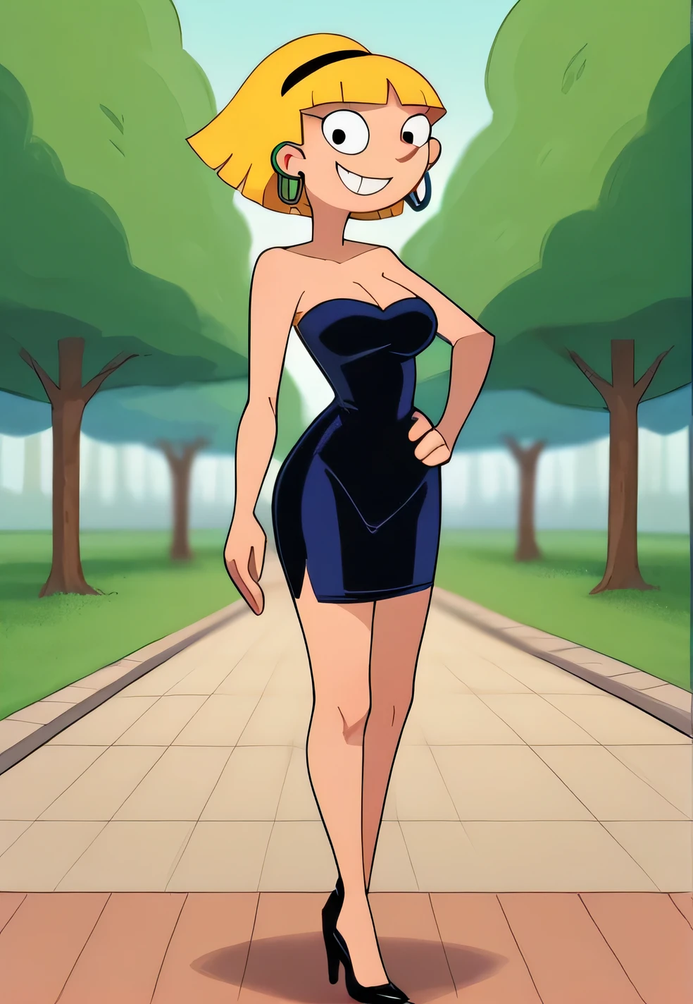 score_9_up,score_8_up,score_7_up,score_6_up,score_5_up,score_4_up BREAK olga pataki,1girl, solo, blonde hair, short hair, black hairband, hoop earrings, strapless, cleavage, a short black dress, black skin tight dress, smile, bangs, human skin, blunt bangs, upper body, looking at viewer, left hand on own hip, right arm down, outdoors, park, trees, black high heels, movie style, full body
