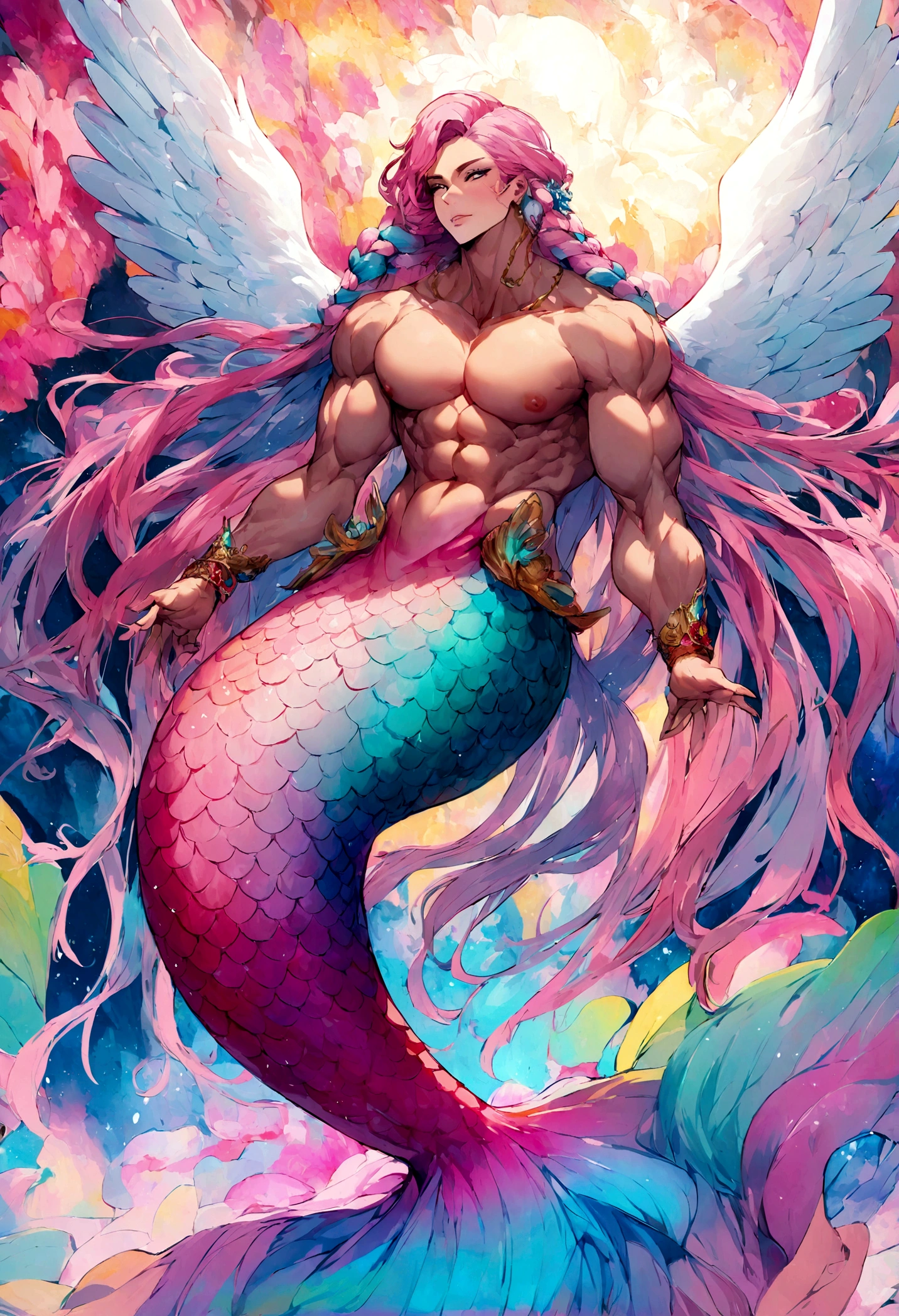 Mermaid with erect massive penis, angel wings, long braided pink hair and extreme muscular body.