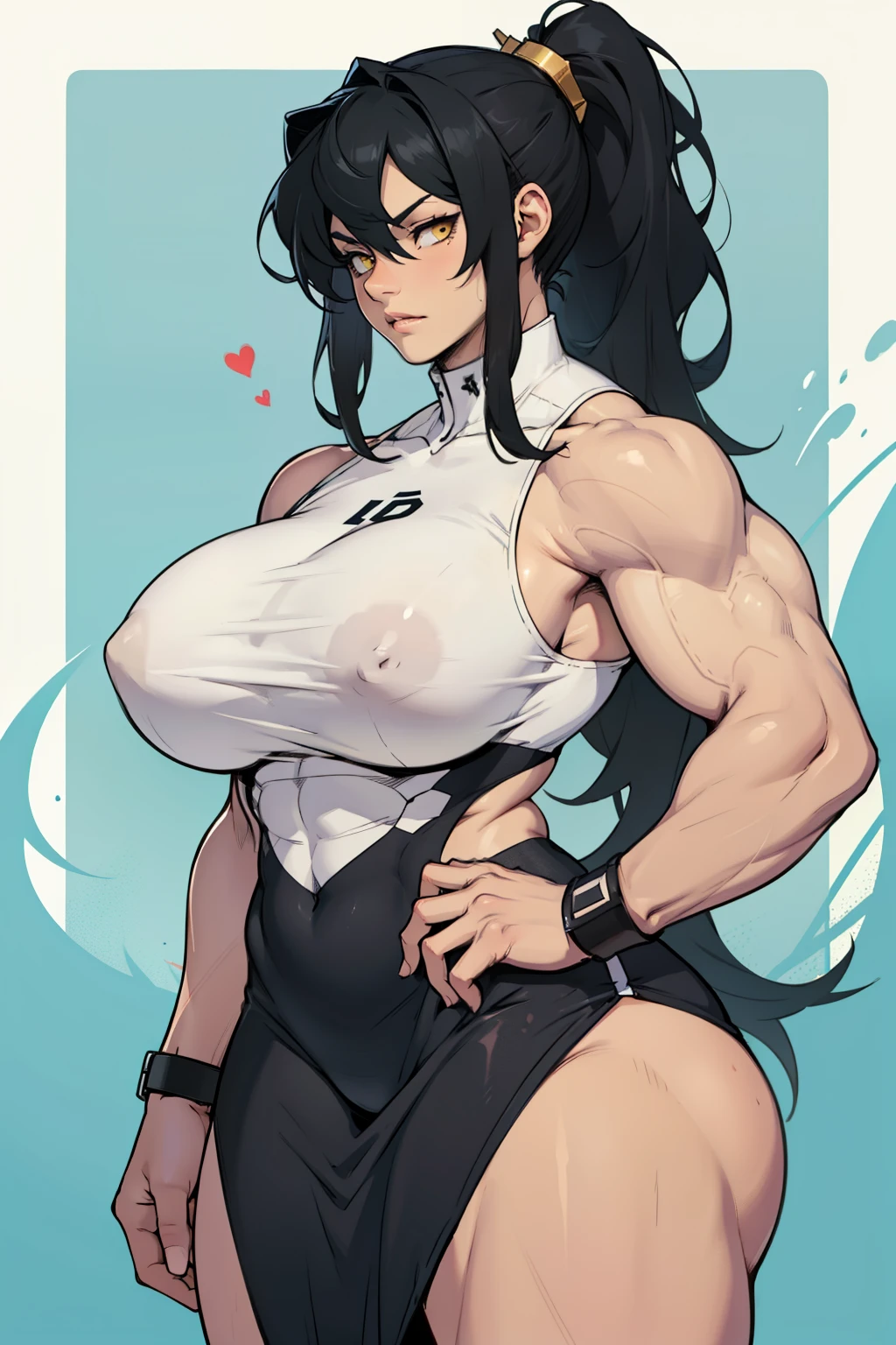 a girl ((muscular)) huge breasts thick thick thick thick very long hair very long hair pale skin black hair yellow eyes disappointed long ponytail long ponytail