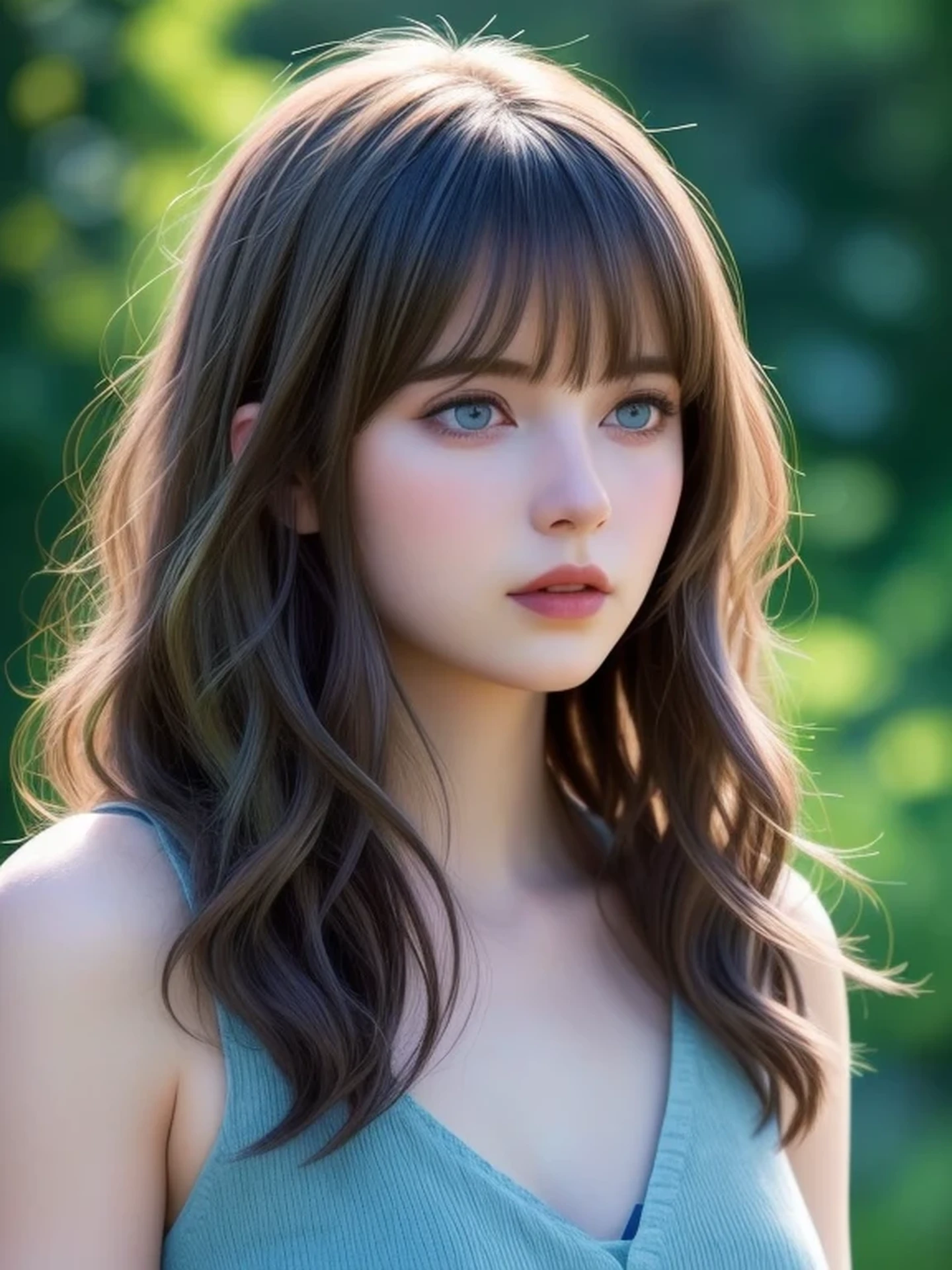(looking away:1.4), (upper body shot:1.2), Realistic digital painting of a woman portrait, Shy,  Cute, open mouth to say something, sad, blue eyes,  (Wavy medium Hair:1.1), (brunette colored hair:1.3), bangs, (Highly detailed skin:1.2), Mystical style, Global Illumination,