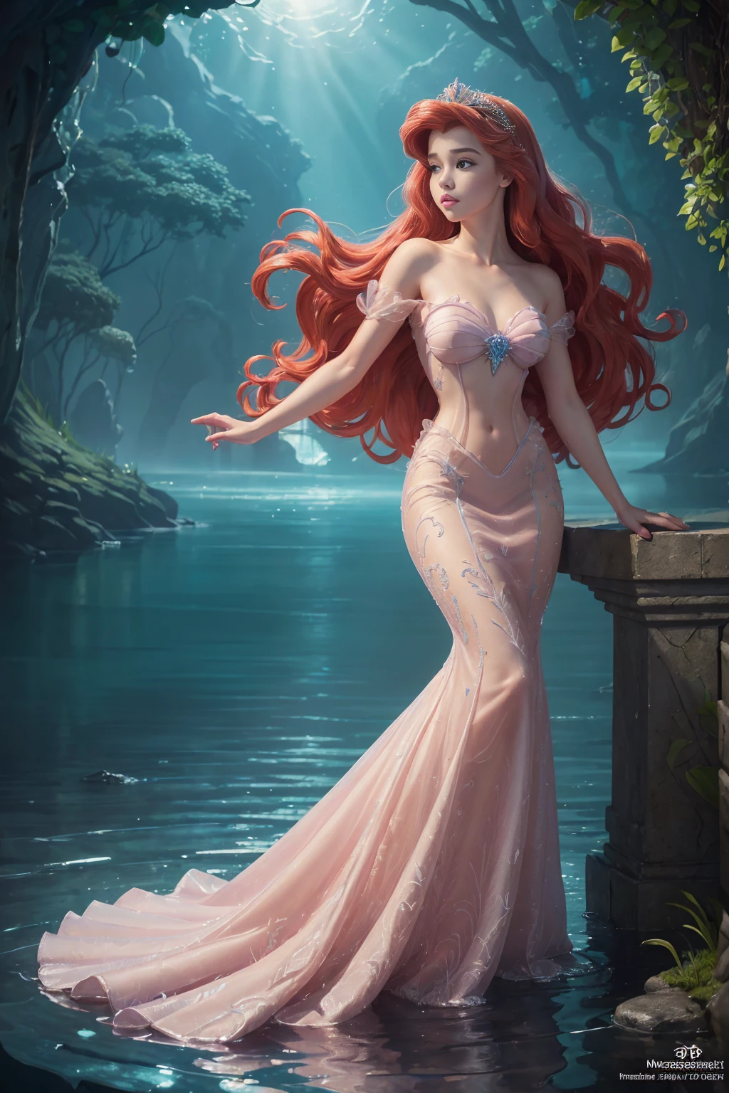 (((full body photo))), (masterpiece:1.4), (best quality:1.4), extremely detailed, intricate, hyper-detailed, illustration, soft lighting, Disney Princess Little Mermaid  watching over her water empire on a moonlit night ,Prinsess  totally naked, masterpiece, art work. (perfect_face), dramatic lighting, 4k, detailed_background, caustics, full_body, digital_illustration