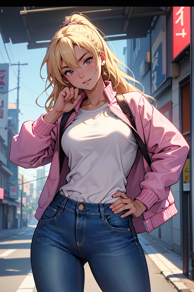 masterpiece, ultra quality, Beautiful detailed, extremely detailed,16K, exquisite, highres, Beautiful background, Beautiful eye, Beautiful skin, Bold line, anime style, chest focus, (Kaori stands with her hands on her hips, wearing a pink shirt over a white denim jacket and blue denim jeans.), Kaori, 1 girl, alone, 27 years old, gesturing with sexy genitals pose, cheeky pose, Tomboy, woman&#39;s whole body, perfect figure, anger, blush, erotic, fascinating, Charm, beautiful woman face, deep red eyes, well-shaped eyelashes, Perfect eyes, beautiful woman, slender body, beautiful big breasts, cleavage, perfectly chiseled abs, beautiful long legs), white denim jacket, pink t-shirt, Blue denim jeans, (perfect arms, perfect hands, perfect fingers, perfect anatomy), humid, humid, (looking at the viewer), indoor, perfect quality, good quality, masterpiece, HDR, UHD,