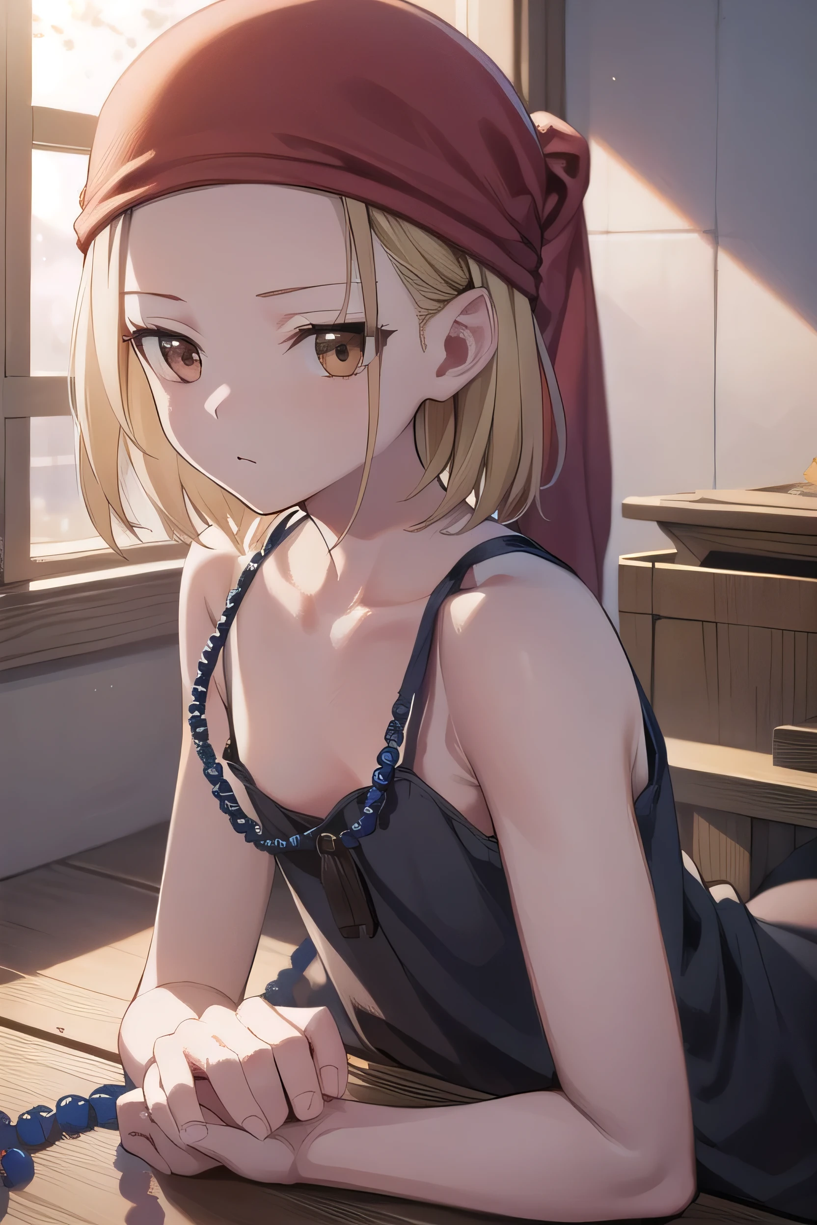annakyouyama, anna kyouyama, Blonde Hair, short hair, (Brown eyes:1.7),break bandana, beads, black dress, dress, prayer beads,break looking at viewer, whole body,break indoors, shrine,break (masterpiece:1.2), highest quality, High resolution, unity 8k wallpaper, (figure:0.8), (Beautiful fine details:1.6), Highly detailed face, Perfect lighting, Highly detailed CG, (Perfect hands, Perfect Anatomy),Highly detailed face, Perfect lighting, Highly detailed CG, (Perfect hands, Perfect Anatomy), Open your chest wide, No underwear on, No bra, morning, sunlight, Best Shadow, Best lighting, Leaning forward, Small breasts, Small breasts