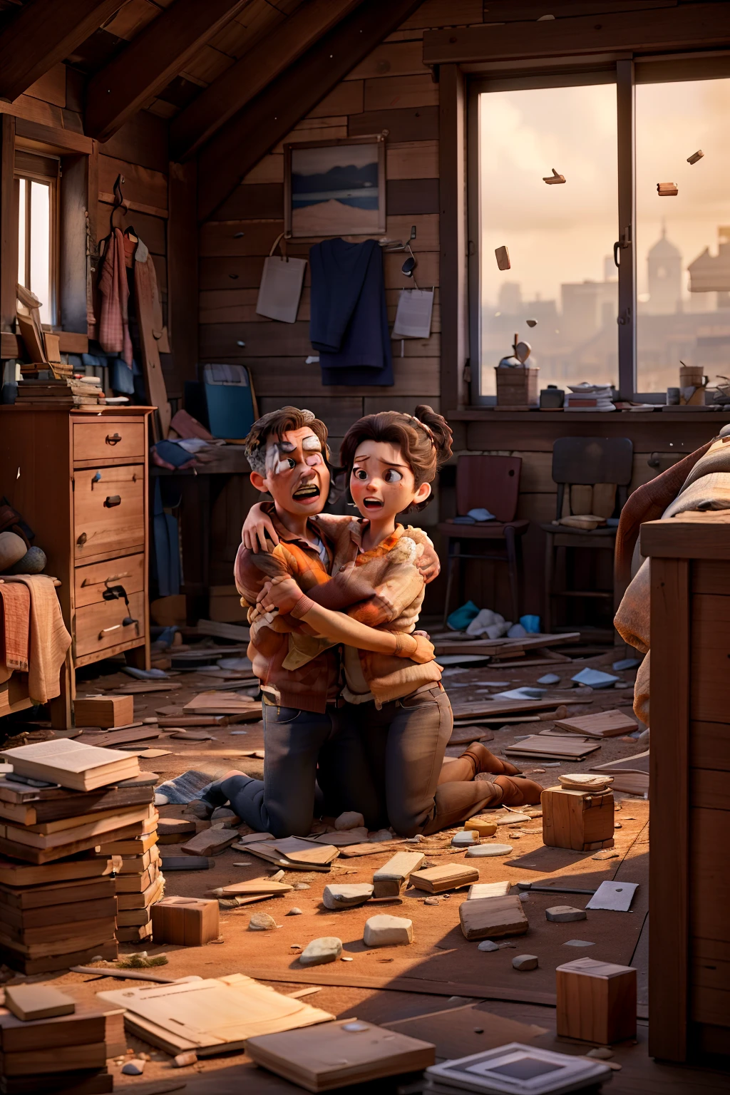 The building starts to collapse, with stones and pieces of wood falling around. The couple embraces, with expressions of fear and protection, while dust and debris fill the air IN DESPERATION AS THE LADY IS LYING IN HER BED HER HUSBAND HUGS HER AND TRY TO CALM DOWN.