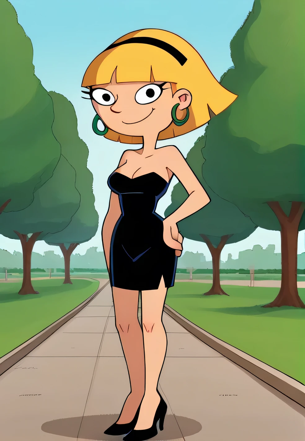 score_9_up,score_8_up,score_7_up,score_6_up,score_5_up,score_4_up BREAK olga pataki,1girl, solo, blonde hair, short hair, black hairband, hoop earrings, strapless, cleavage, a short black dress, black skin tight dress, smile, bangs, human skin, blunt bangs, upper body, looking at viewer, left hand on own hip, right arm down, outdoors, park, trees, black high heels, movie style, full body