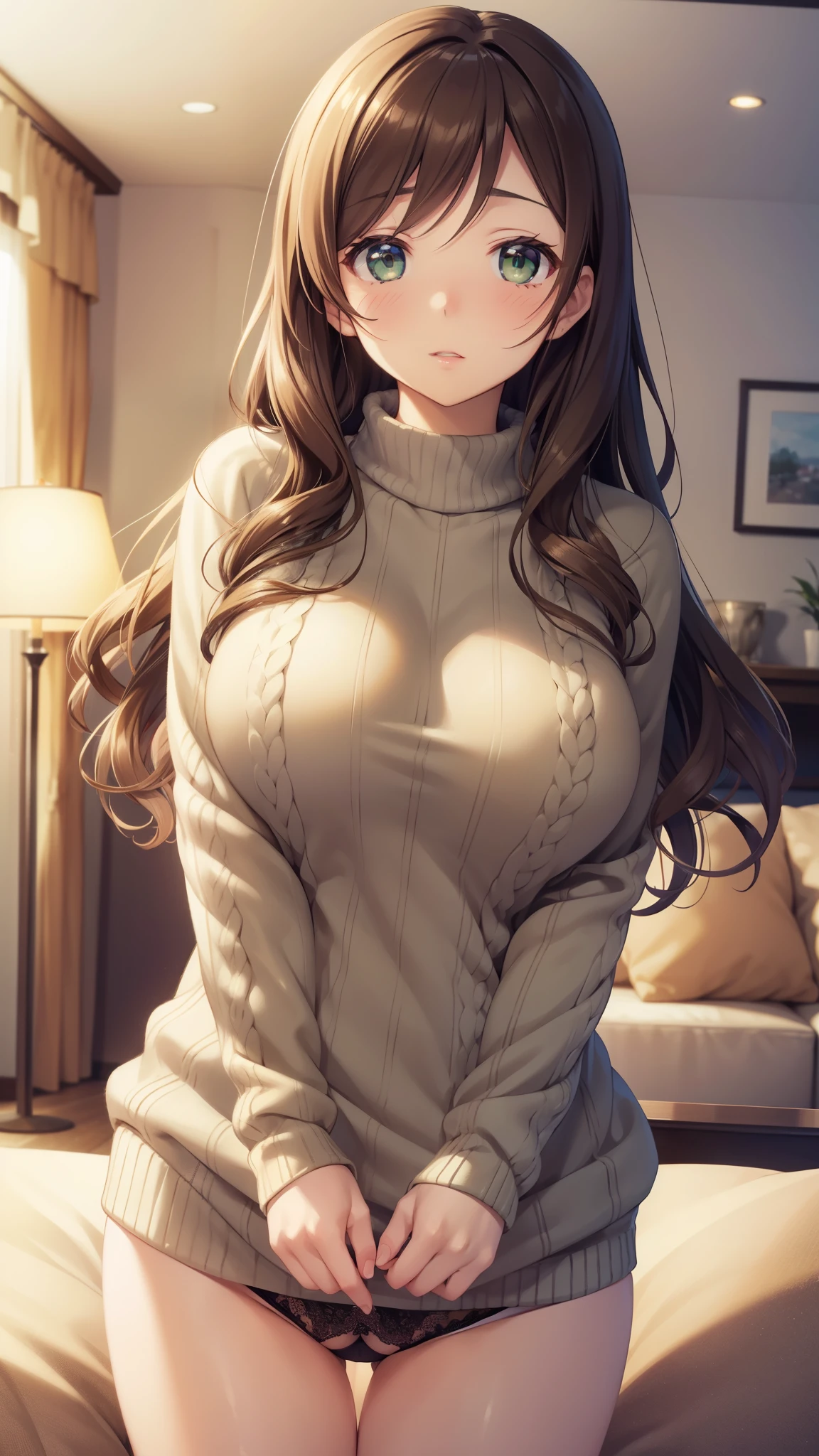nozomitoujou, nozomi toujou, green eyes, brown hair, curly hair, large , masterpiece, best quality, high resolution, beautiful detailed eyes, extremely detailed face, good lighting, detailed CG, messy hair, glossy lips, worried, living room, knit sweater, lace panties