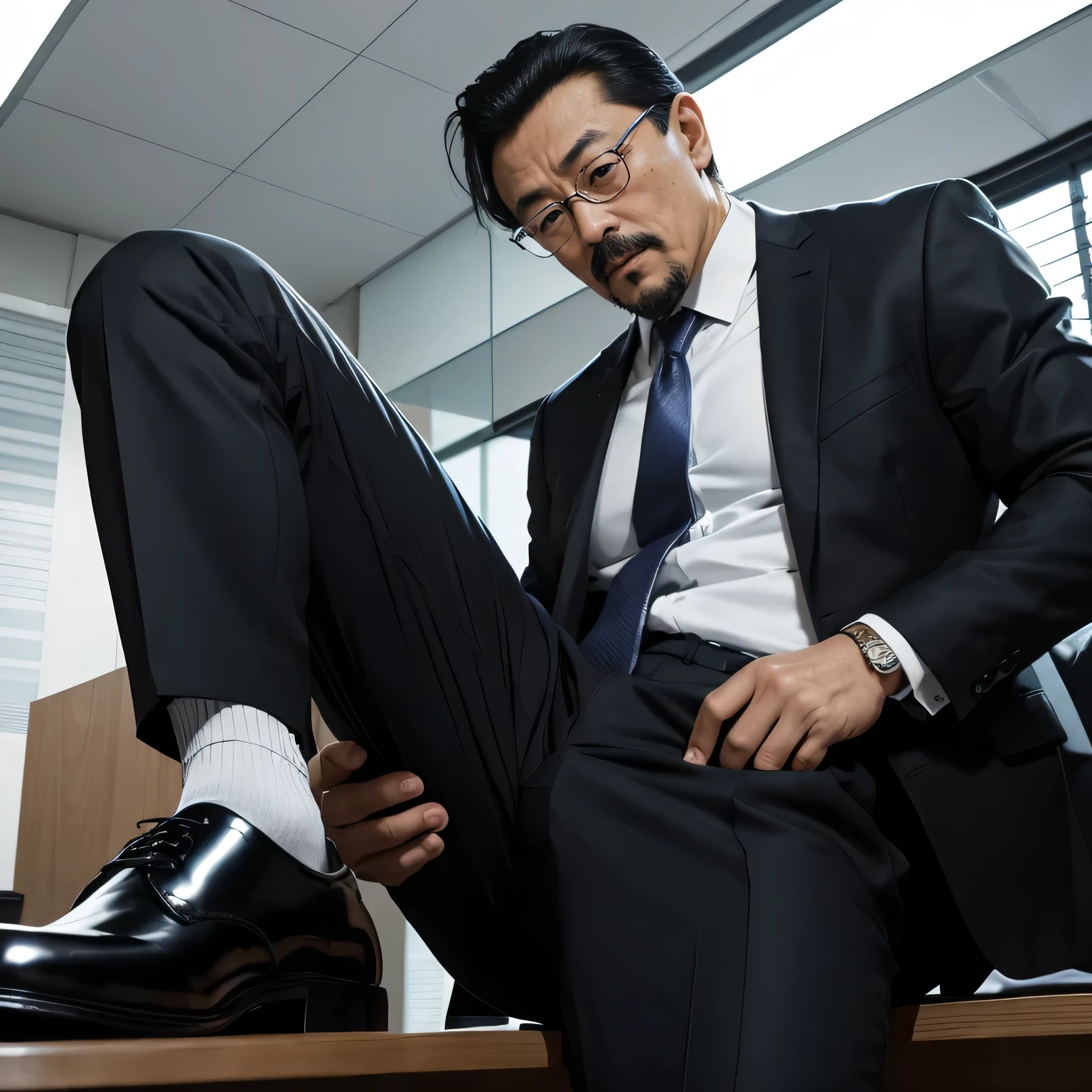 55 years old,Kogoro Mori,uncle,,Convex,in office,Wear very black socks,anti-slip leather shoes,Liquid on leather shoes,beard,toughness,Drooling in the mouth,HD,artwork,Charming and sexy expression pose,full of enjoyment,Very shy,exposed,Spread your legs and straighten them,Wear a suit,Trousers,A large protrusion with masculine characteristics,Wear black socks,The crotch has columnar protrusions,God'view,Take off your pants,Sexy lingerie lace,Floor perspective, Ecstasy expression/gender(milky, Translucent mucus in the abdomen and chest)
